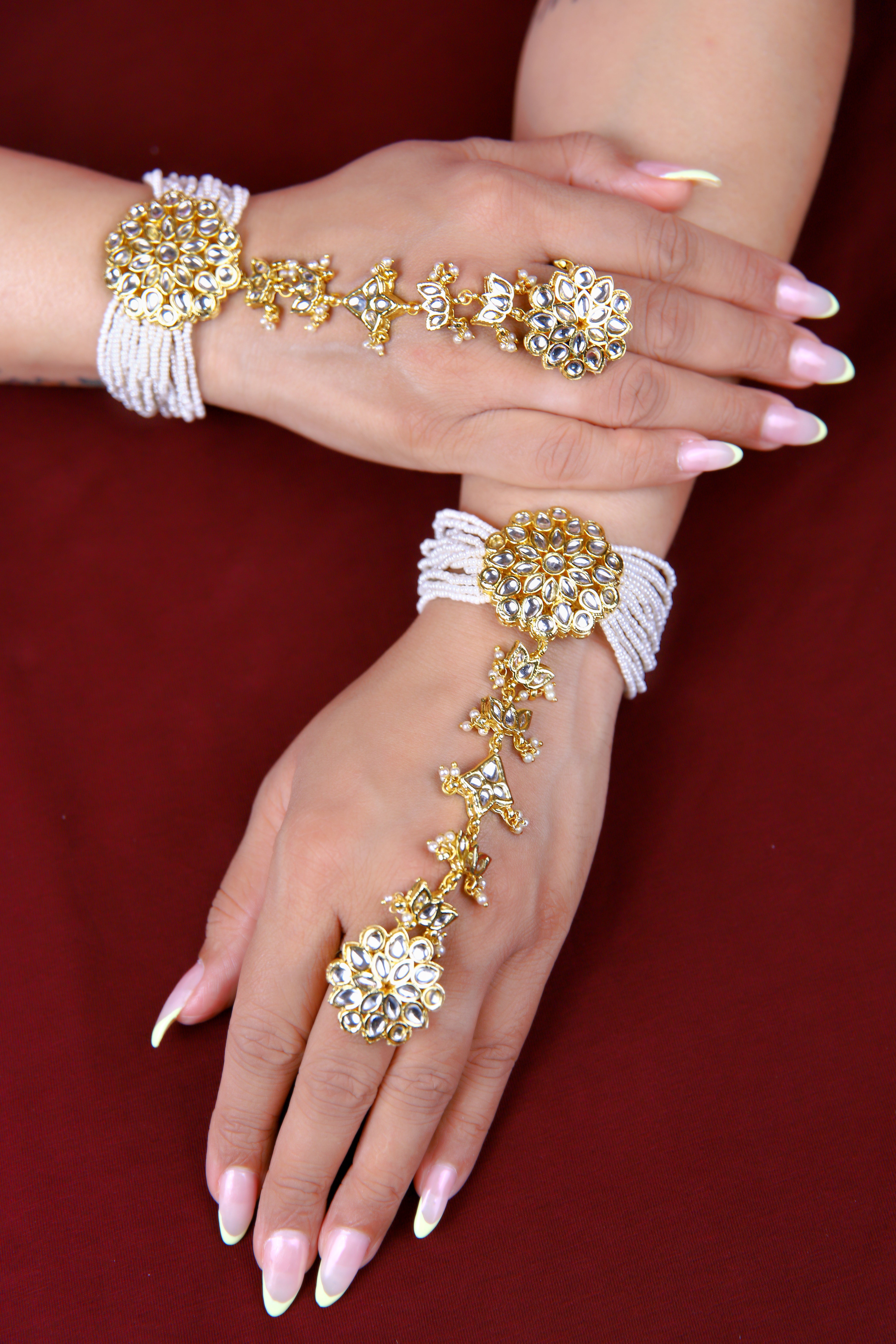 Gold Finish Kundan  Polki & Pearl Adjustabla Hathphools Pair