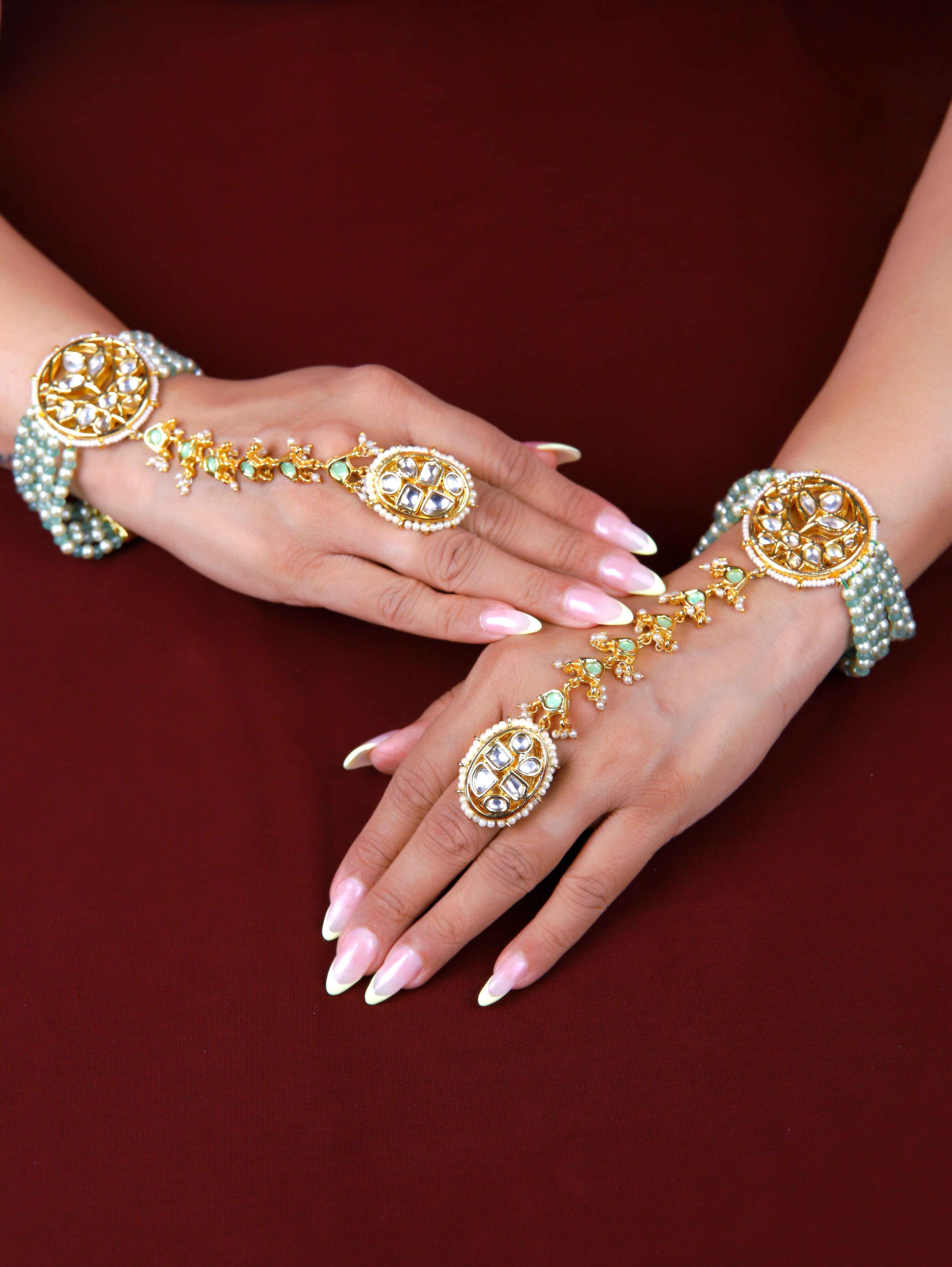 Gold Finish Kundan  Polki & Pearl Adjustabla Hathphools Pair  1