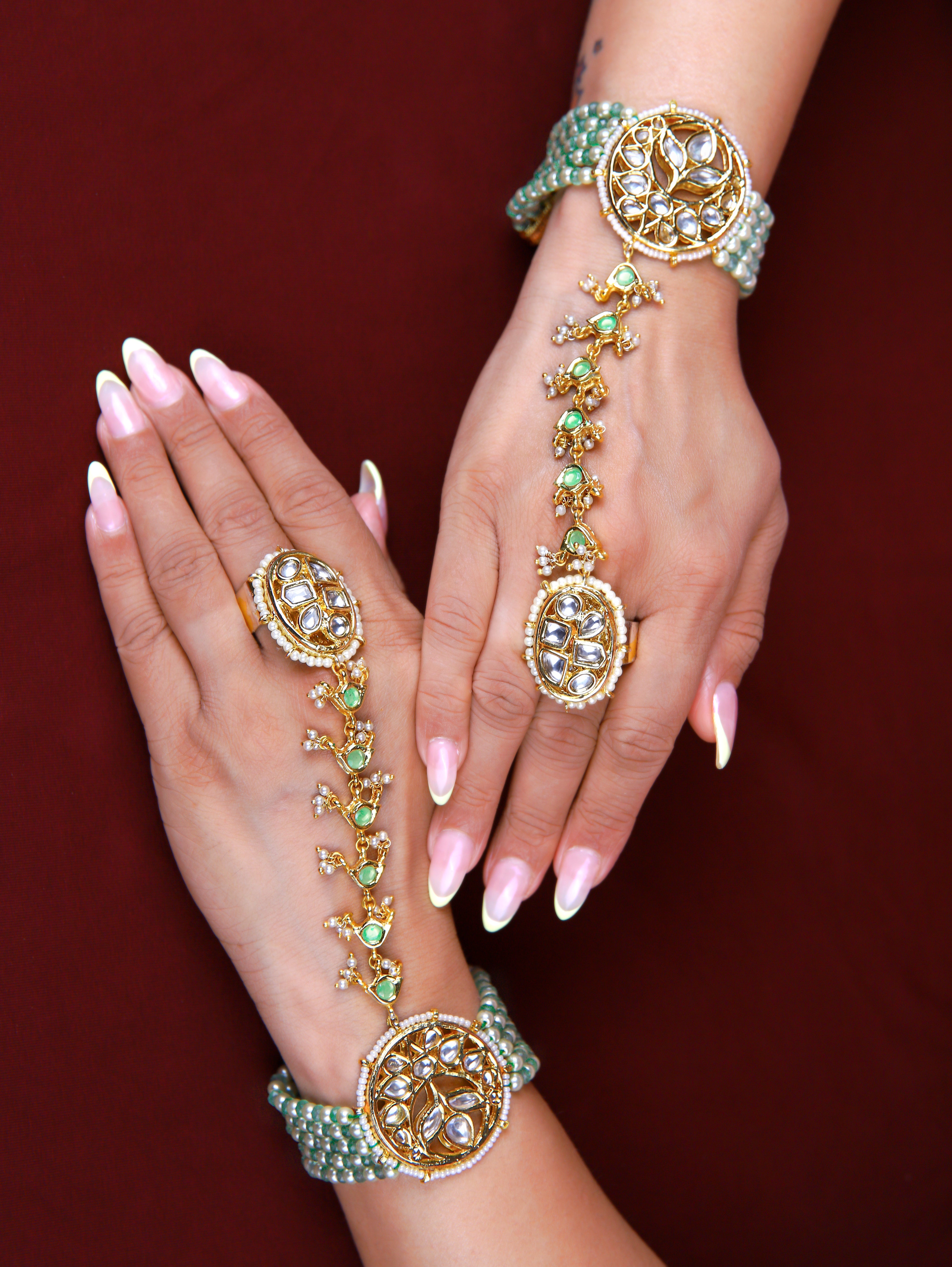 Gold Finish Kundan  Polki & Pearl Adjustabla Hathphools Pair  1