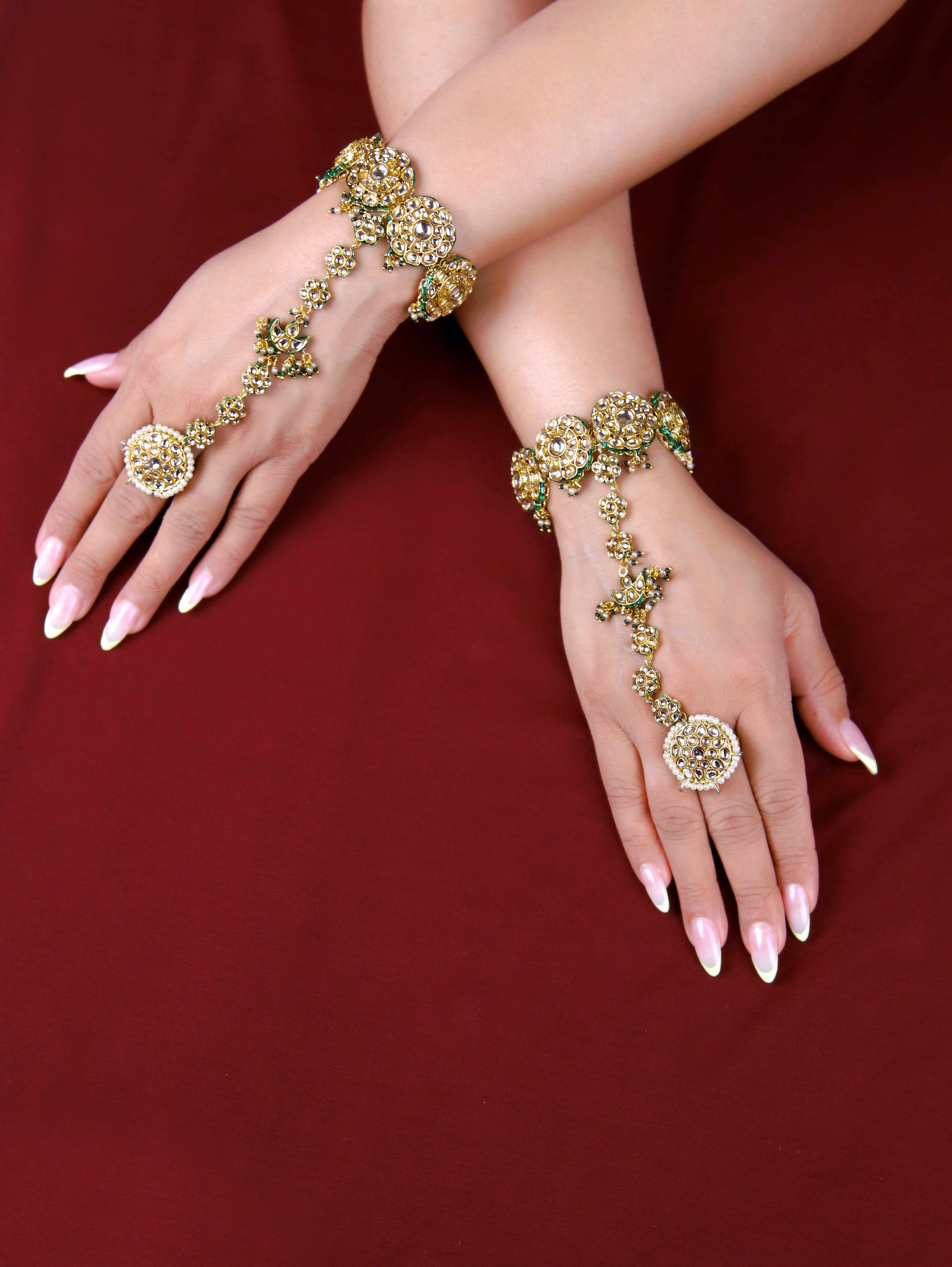 Gold Finish Kundan  Polki & Pearl Adjustabla Hathphools Pair  2