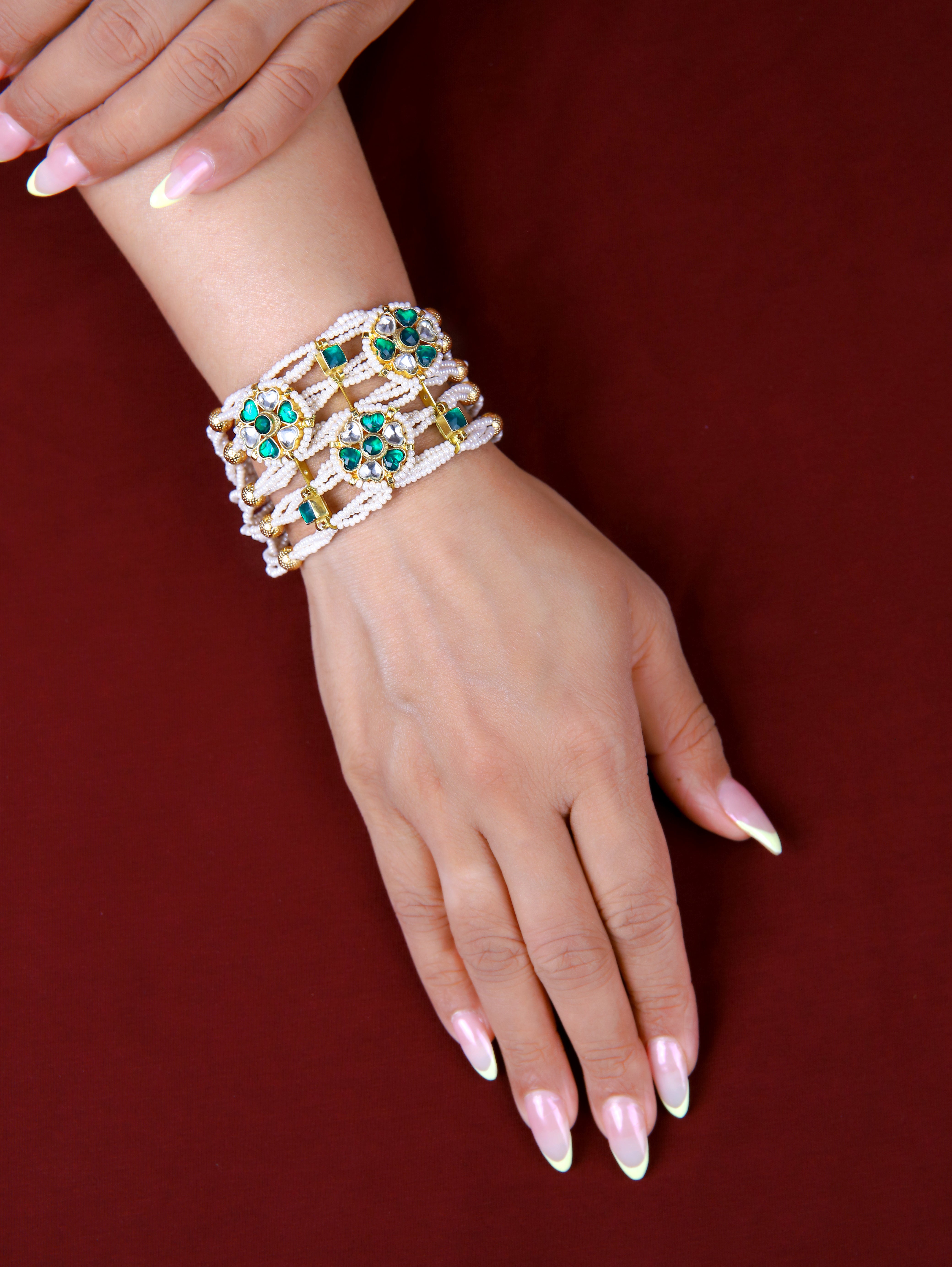 Gold Finish Kundan  Polki & Pearl Adjustabla Bracelet