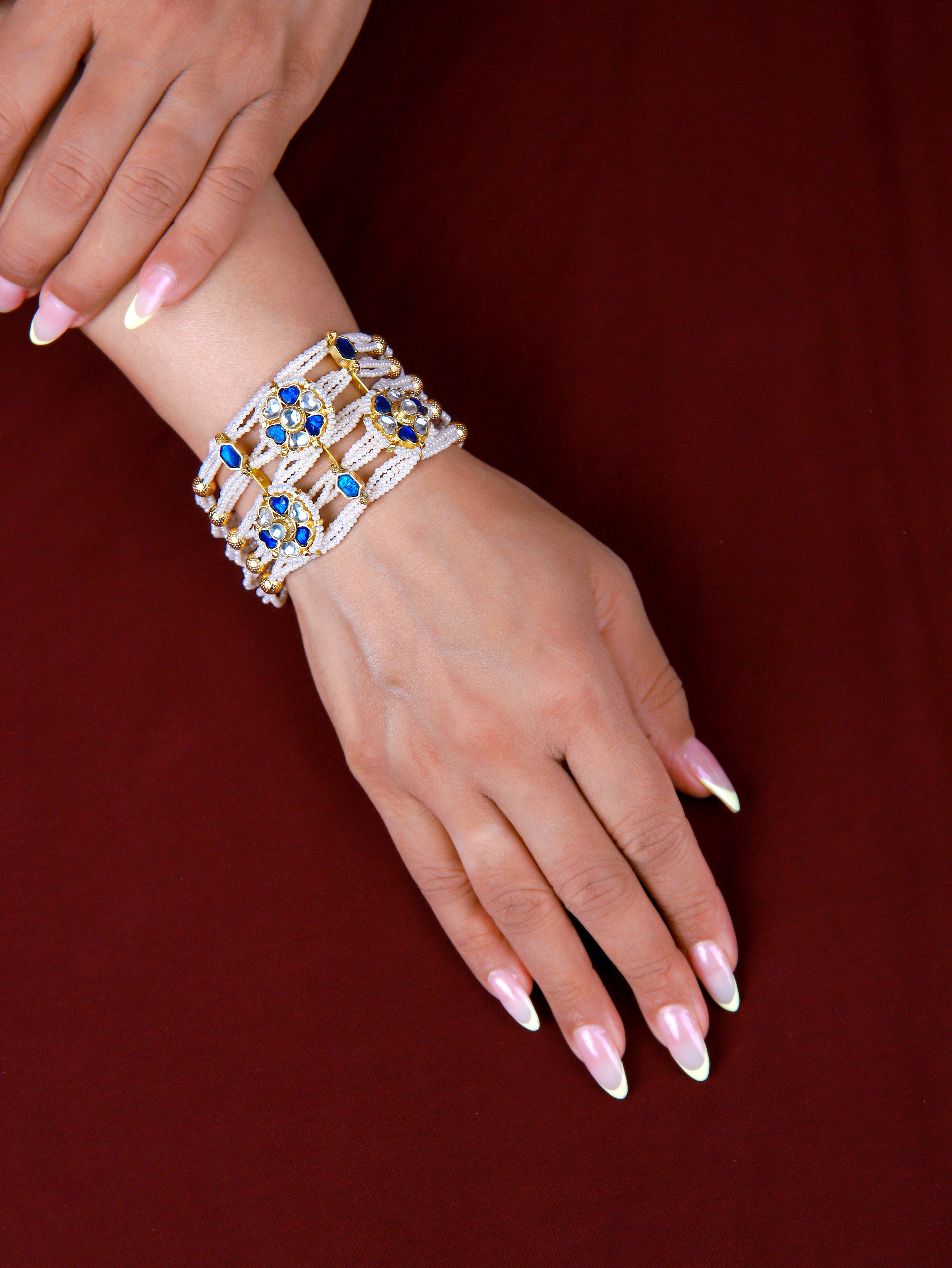 Gold Finish Kundan  Polki & Pearl Adjustabla Bracelet  1