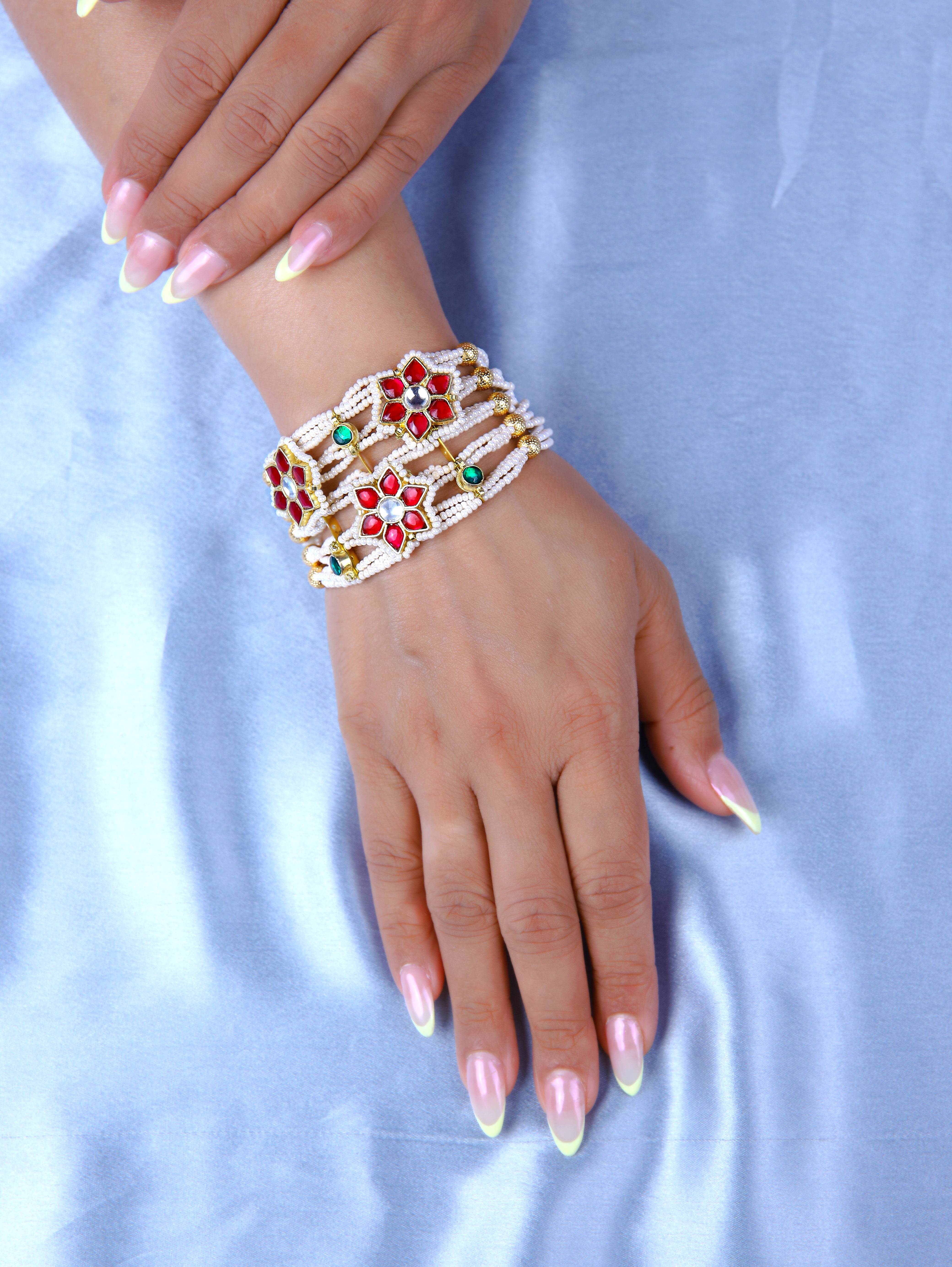 Gold Finish Kundan  Polki & Pearl Adjustabla Bracelet  2