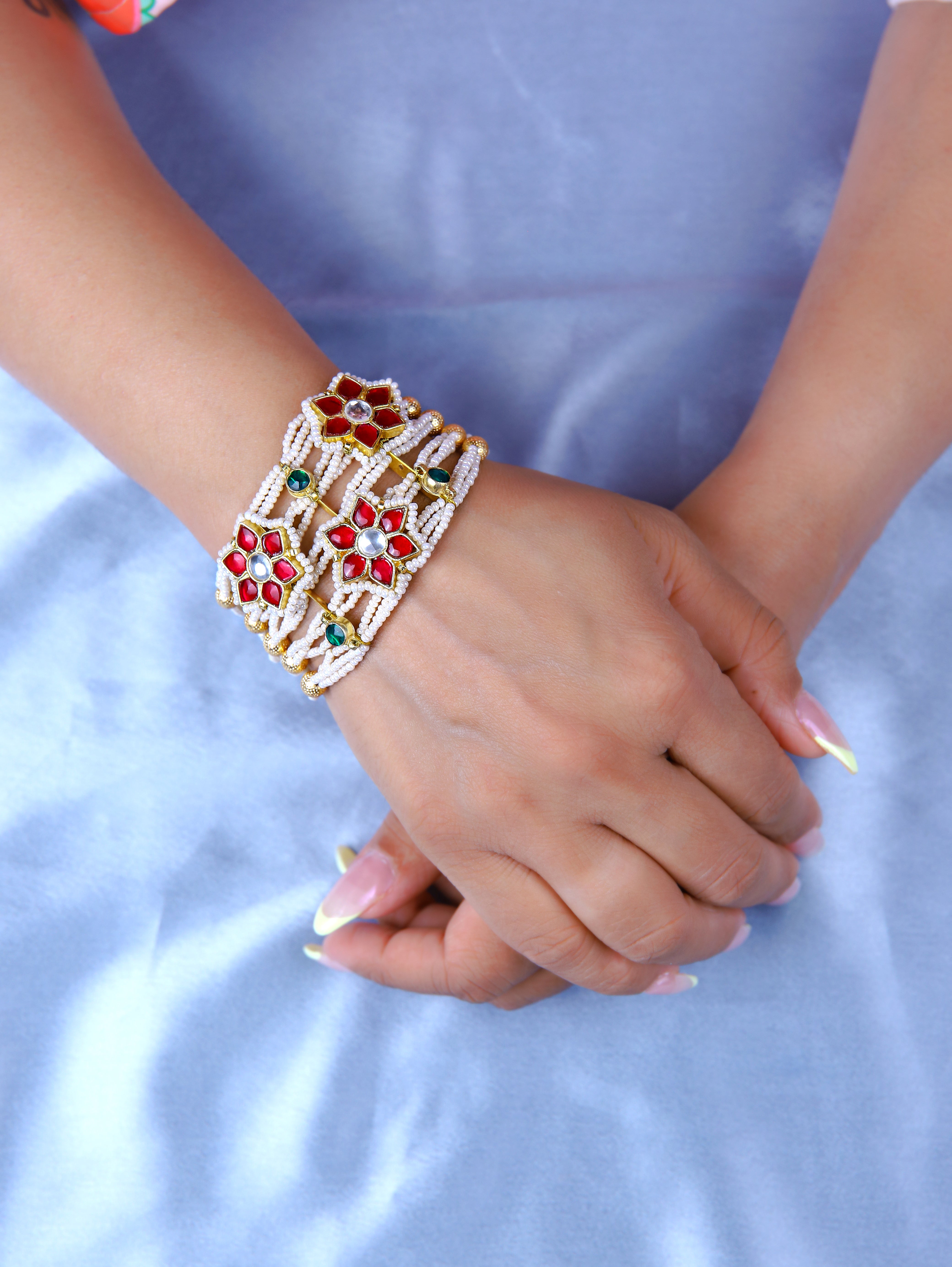 Gold Finish Kundan  Polki & Pearl Adjustabla Bracelet  2