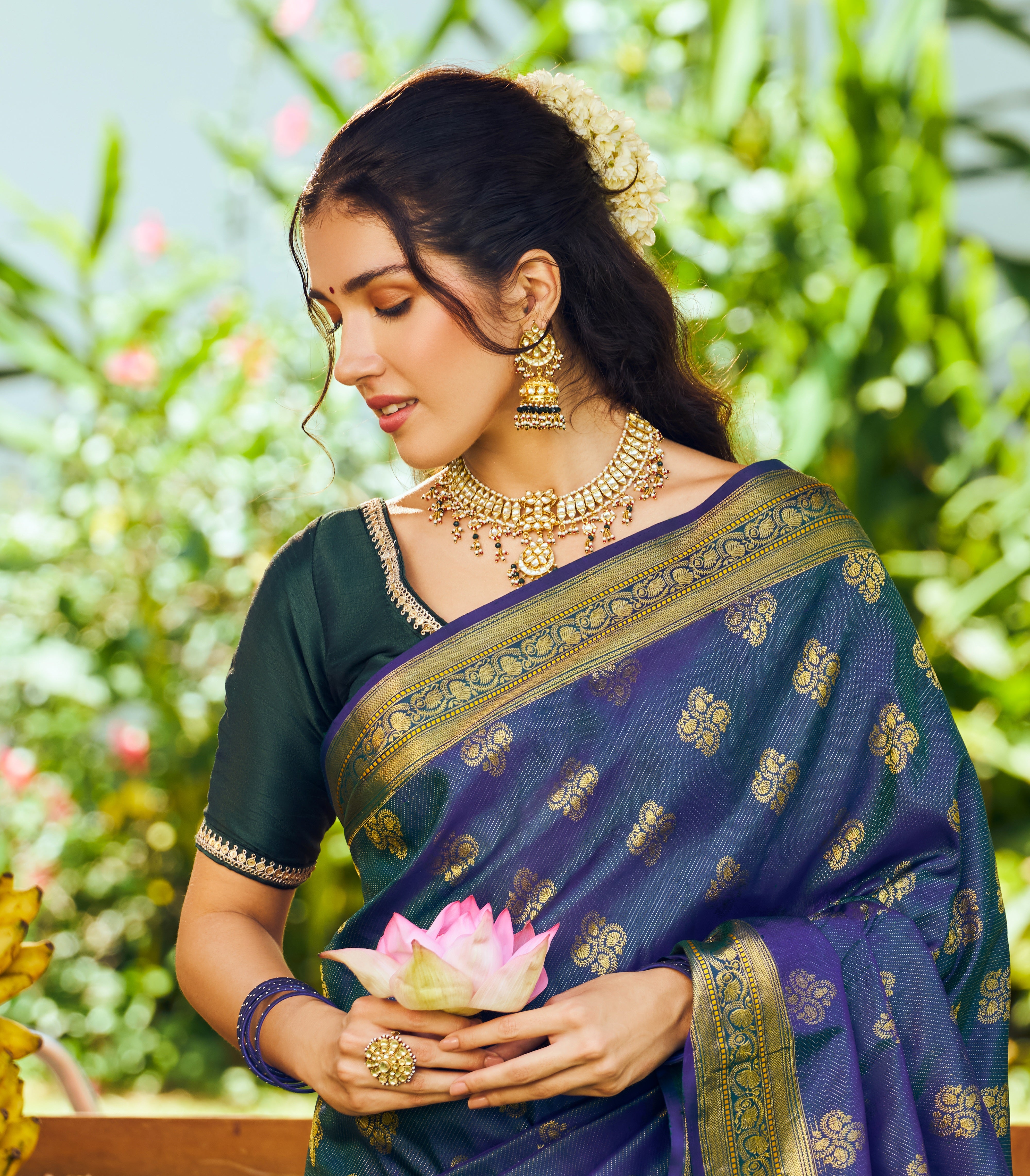 Kundan Gold Finish Green Beaded Jadau Jhumki
