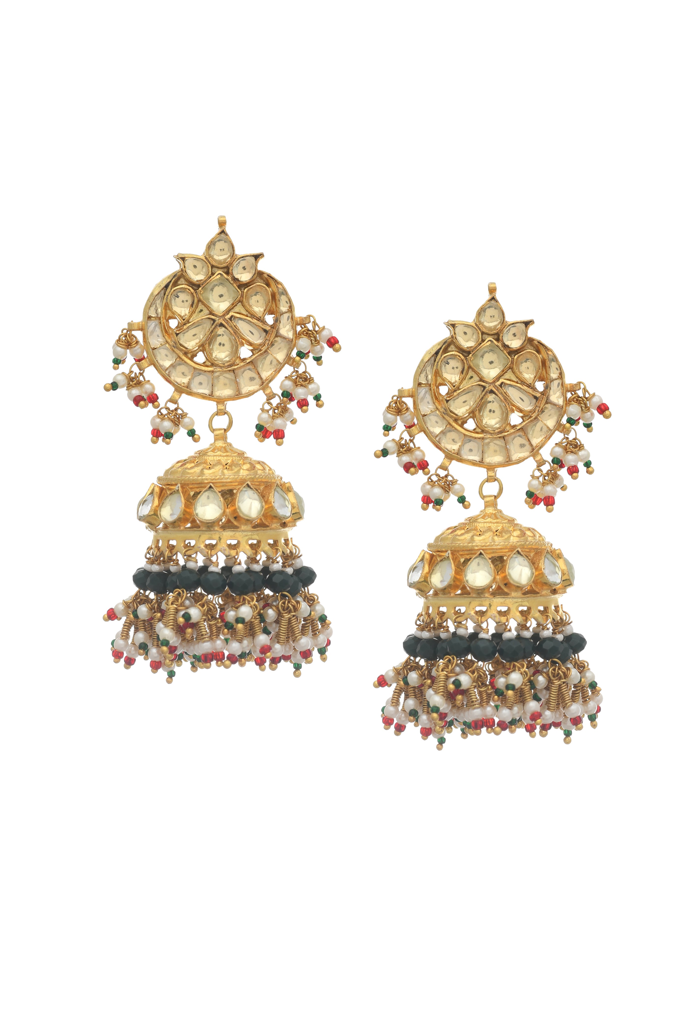 Kundan Gold Finish Green Beaded Jadau Jhumki