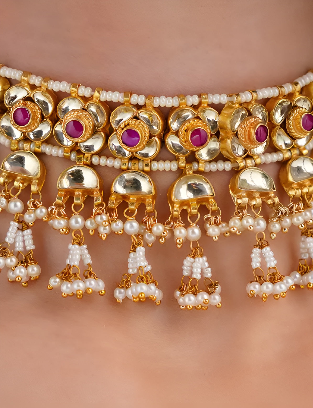 Red Jadau Pearl Beaded Sets