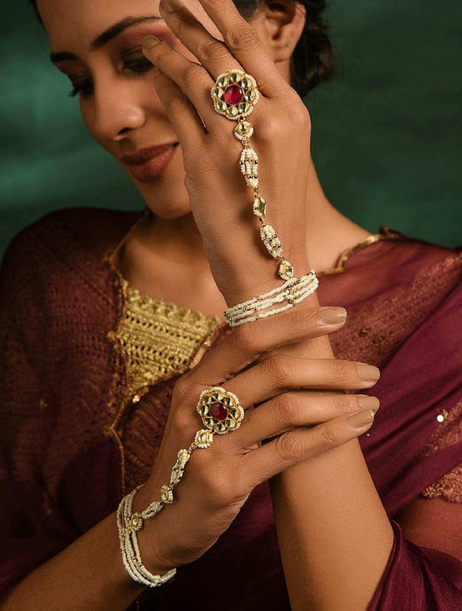 Red Gold Jadau Haath Phool
