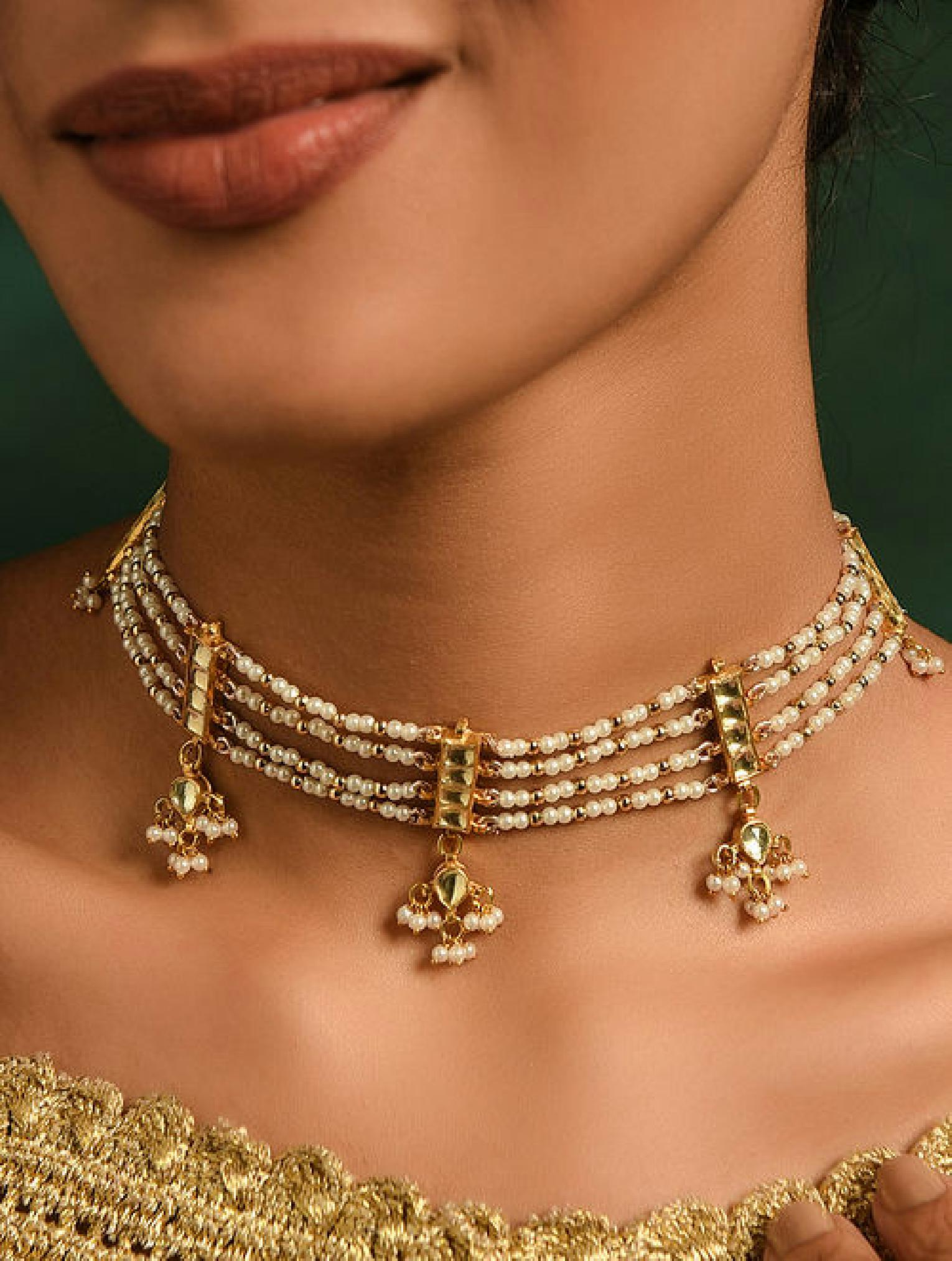 Kundan Gold Finish Jadau Choker with pearls Drop
