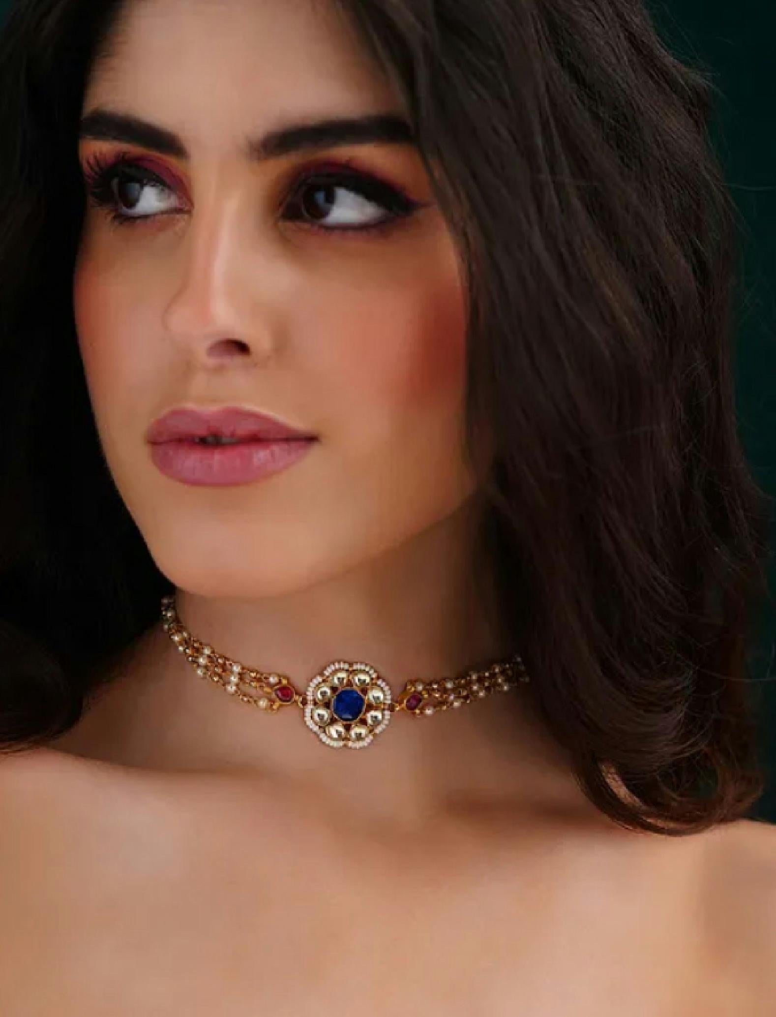 Indigo Gold Finish Jadau Choker with pearls