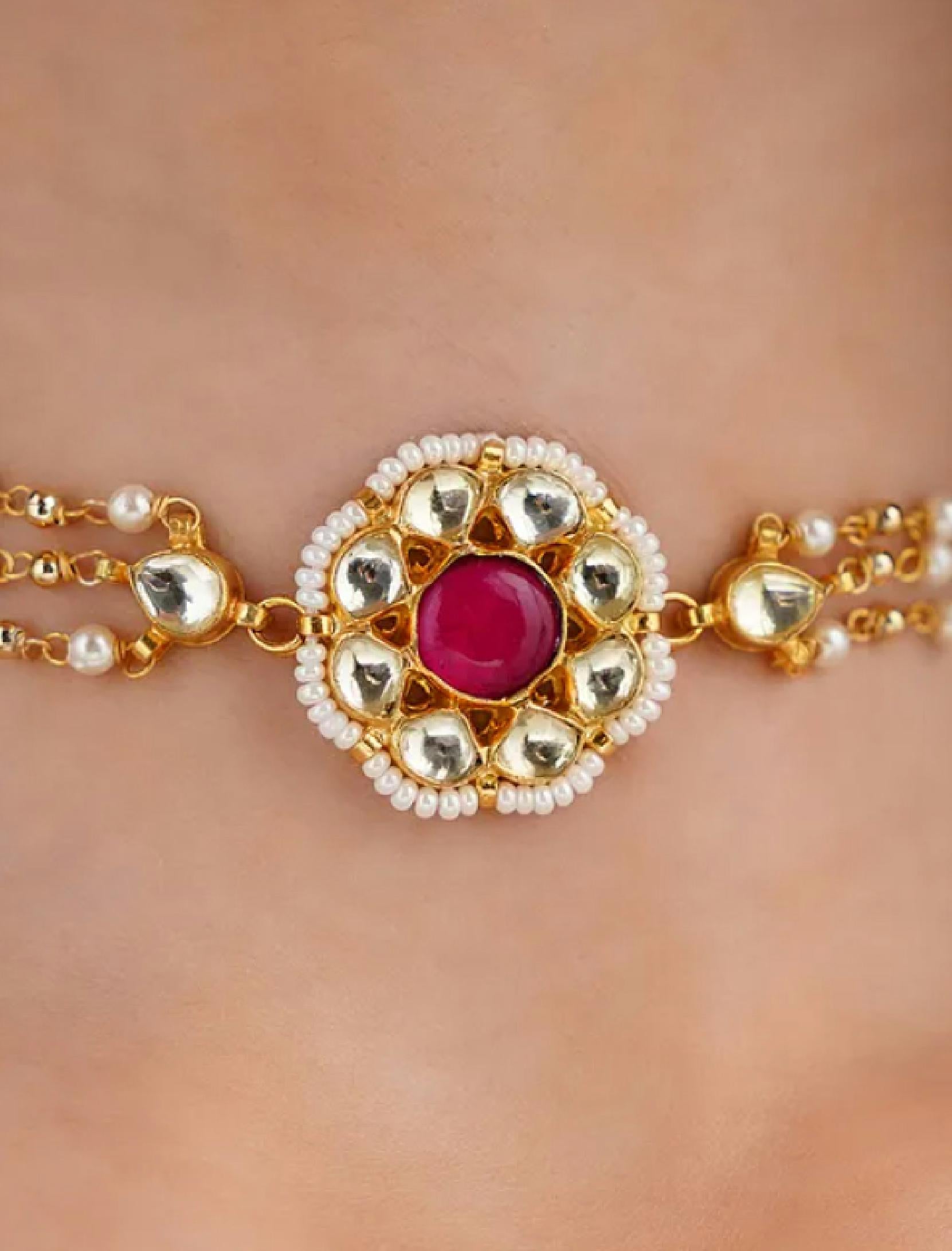 Red Gold Finish Jadau Choker with pearls
