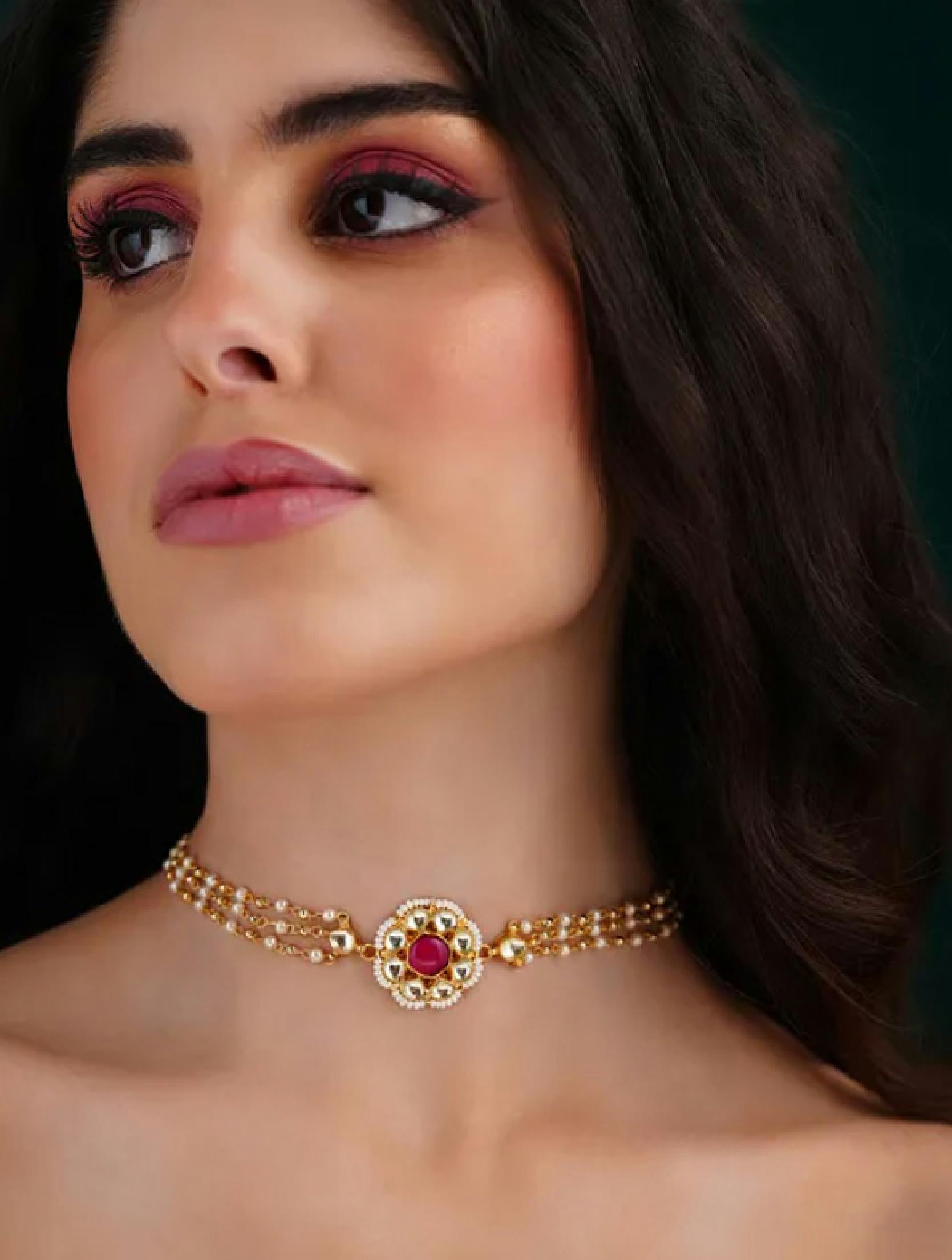 Red Gold Finish Jadau Choker with pearls