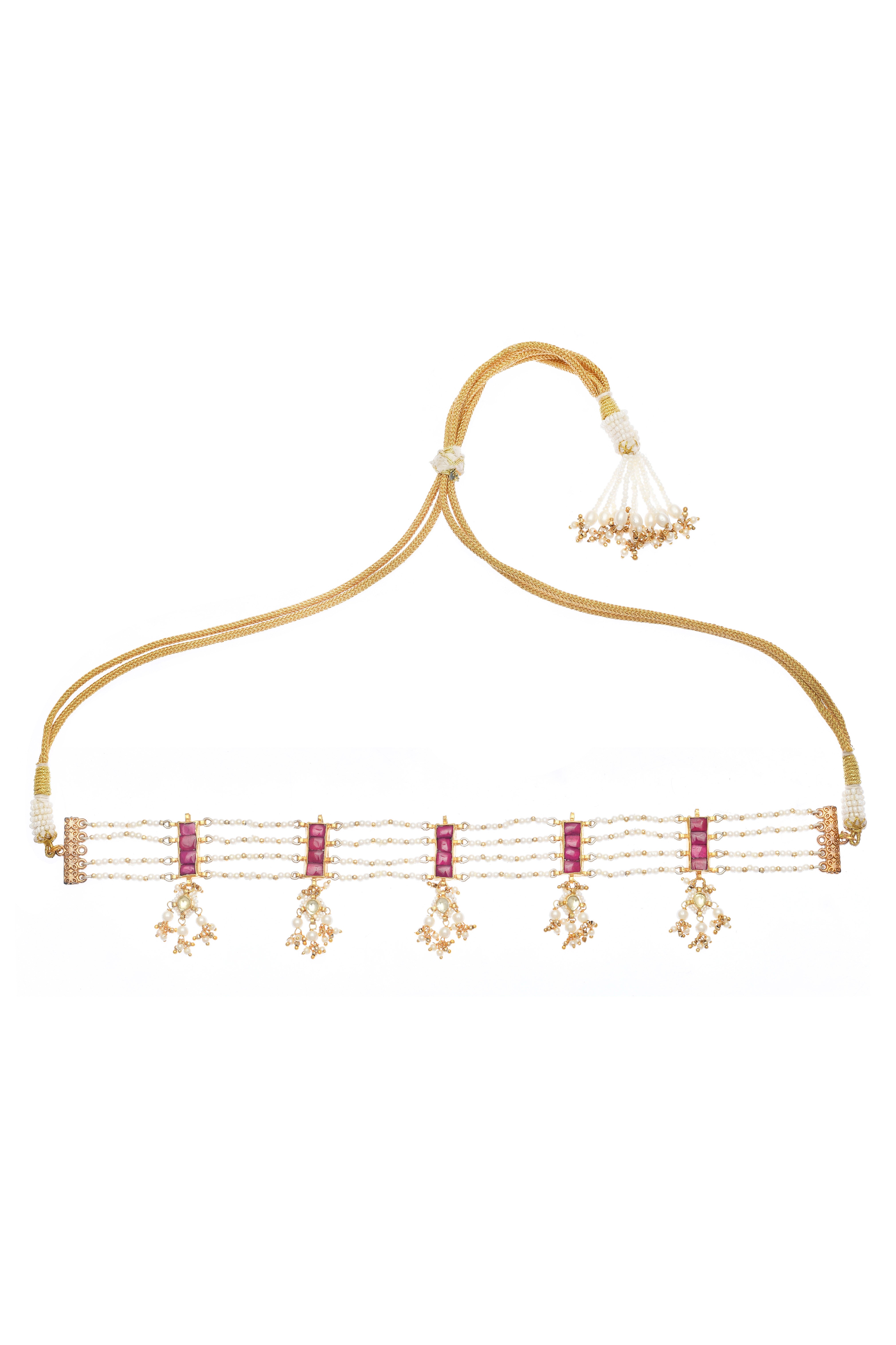 Ruby Gold Finish Jadau Choker with Pearl Drop