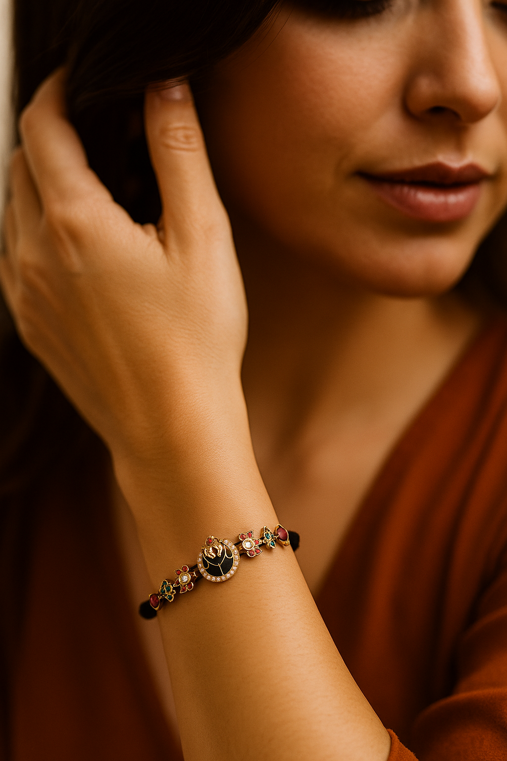 Floral Kundan Enamel Bracelet With Black Cord 2