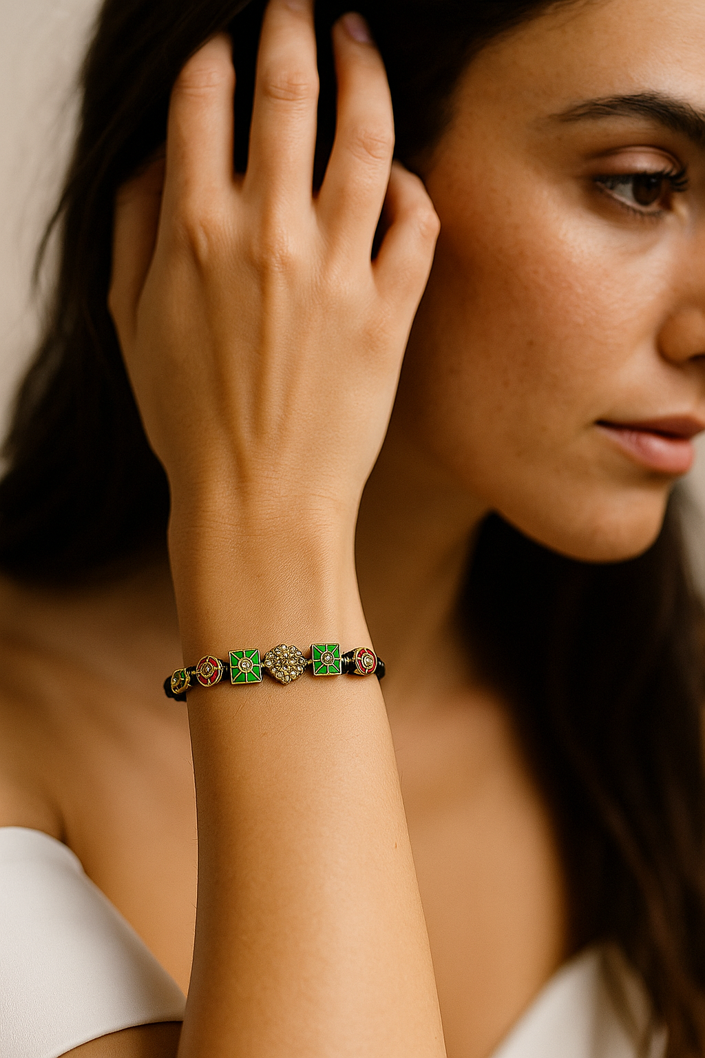 Floral Kundan Enamel Bracelet With Black Cord  3