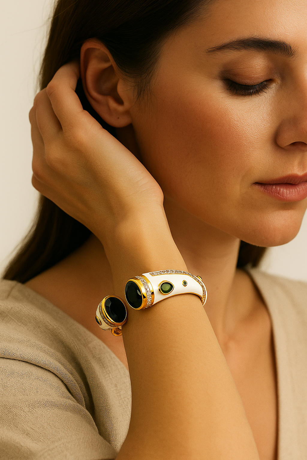 White Enamel Cuff With Quartz Stone