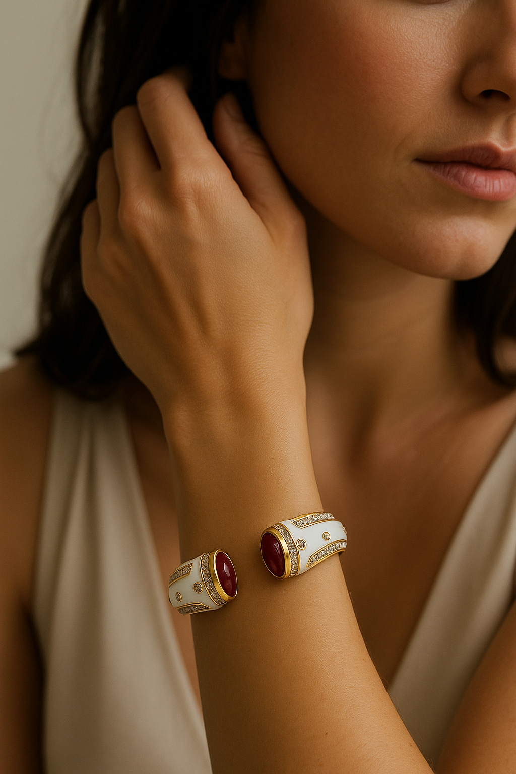 Royal White Enamel Bangle With Red Stone