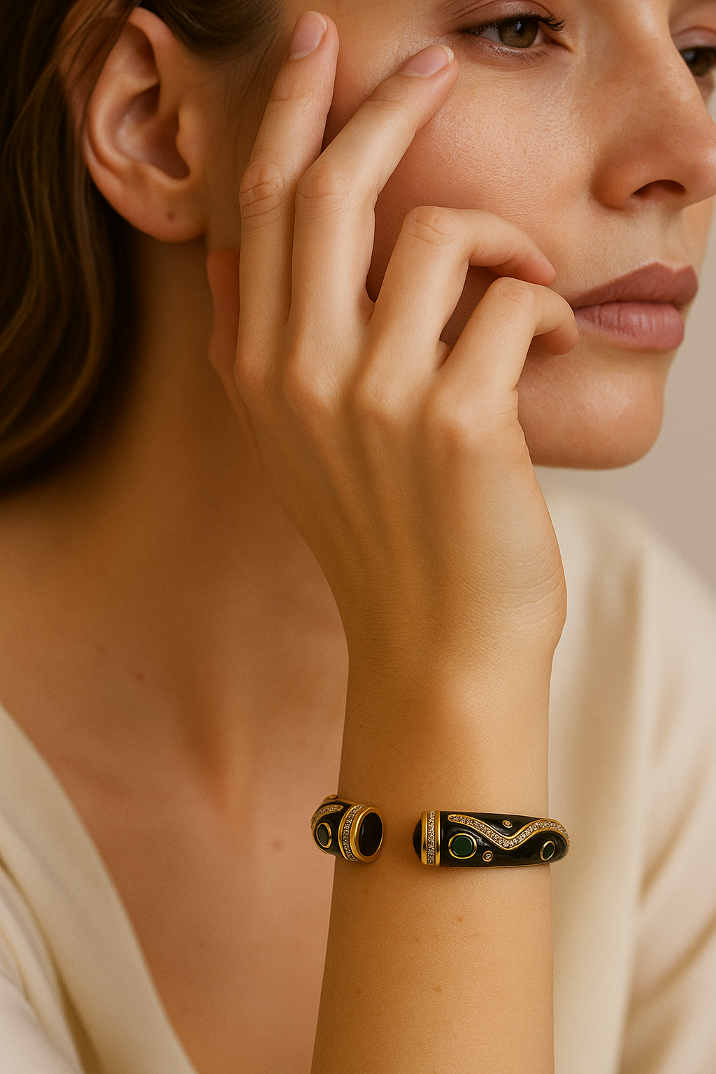 Classic Black Enamel Bangle With Green & Black Stone