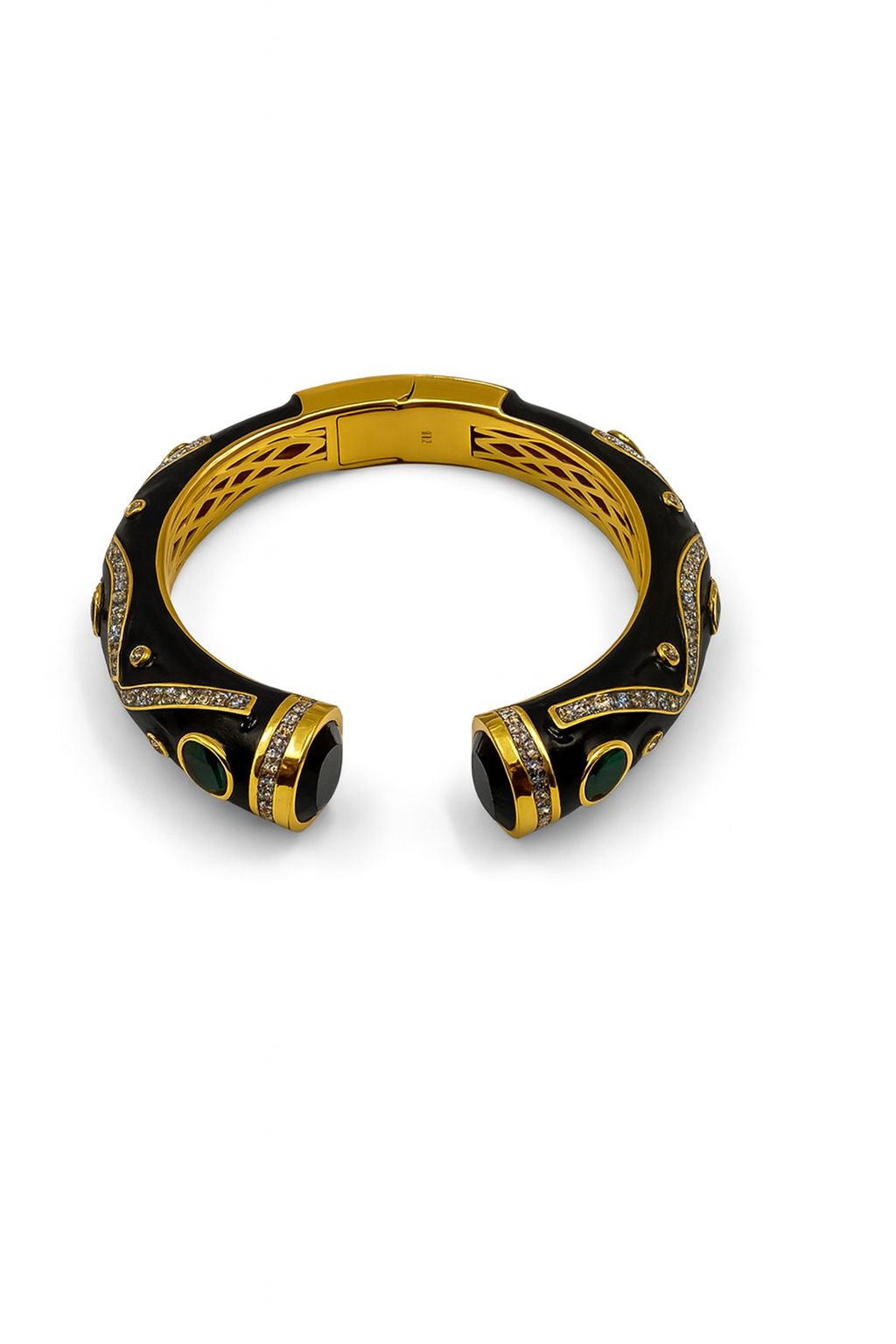 Classic Black Enamel Bangle With Green & Black Stone