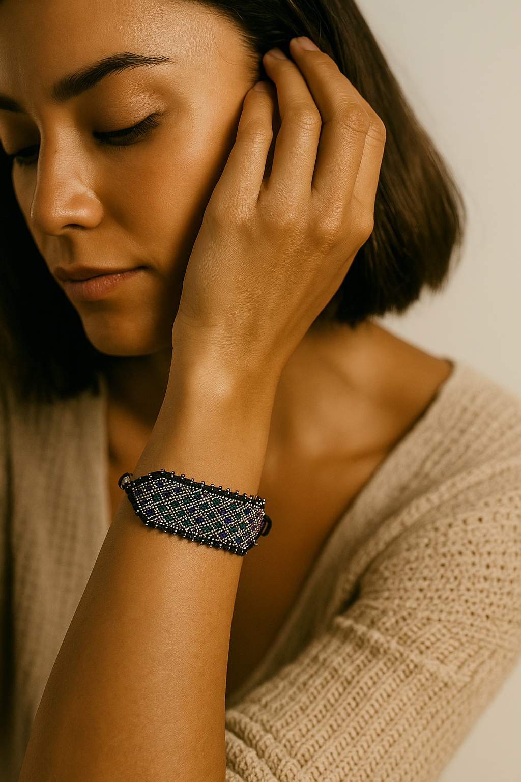 Black Beaded Tribal Cuff Bracelet