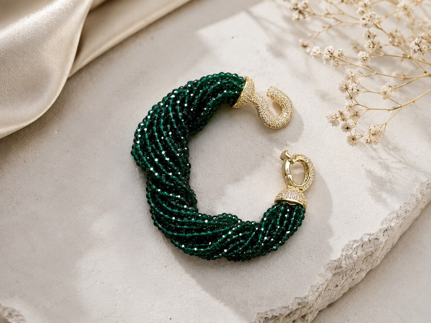 Bridalaya Emerald Green Beaded Link Bracelet