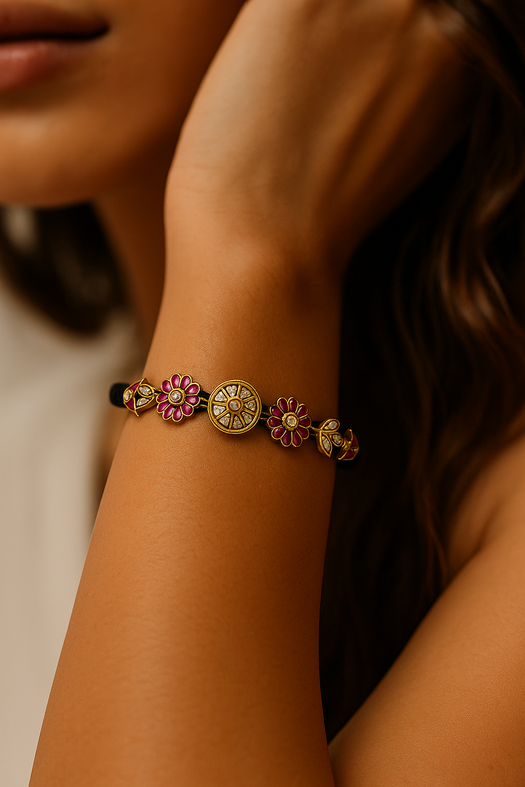 Floral Kundan Enamel Bracelet With Black Cord