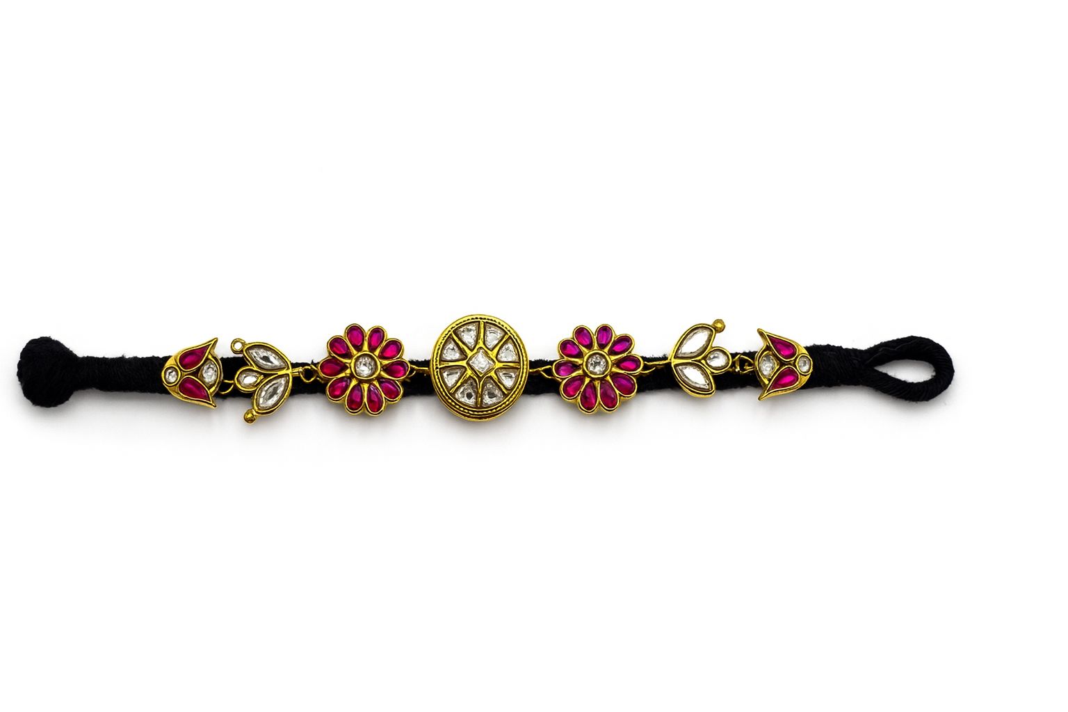 Floral Kundan Enamel Bracelet With Black Cord