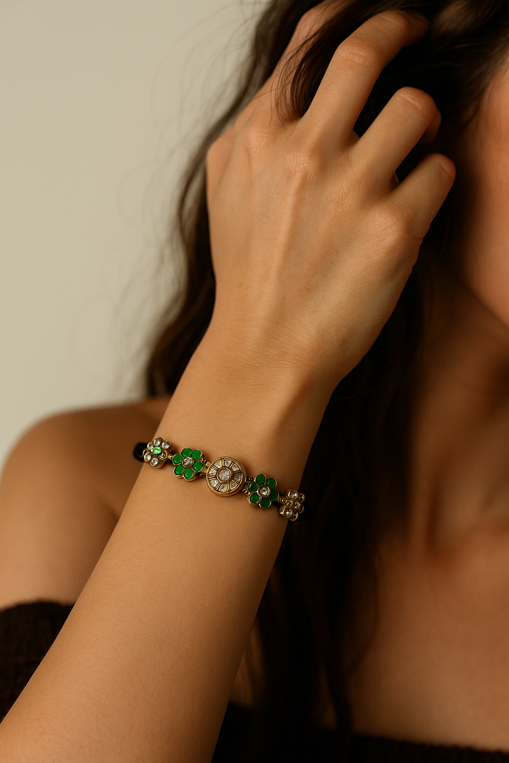 Floral Kundan Enamel Bracelet With Black Cord 1