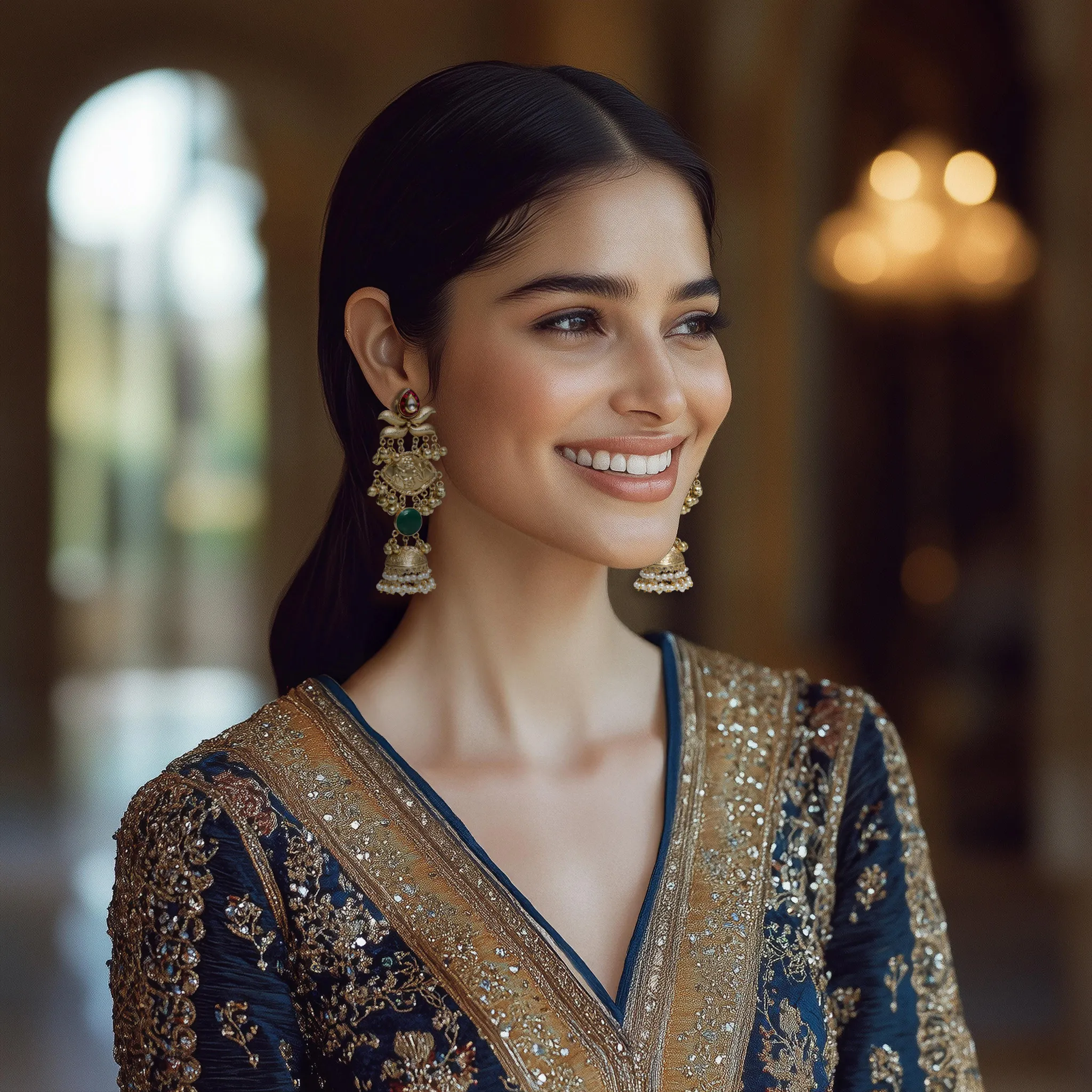 Gold Lotus Kundan Jhumka Earrings