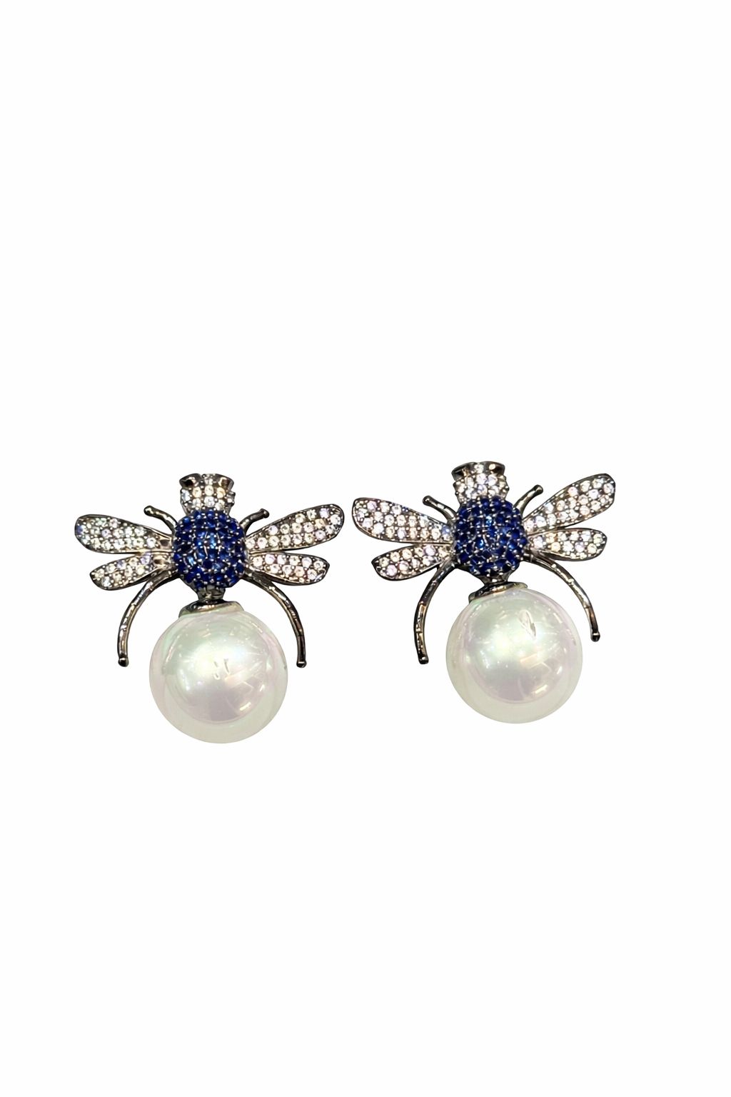 Bee Motif Pearl Drop Earrings with Blue stone