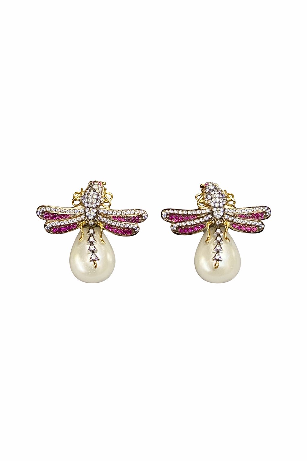 Bee Motif White Pearl Drop Earrings