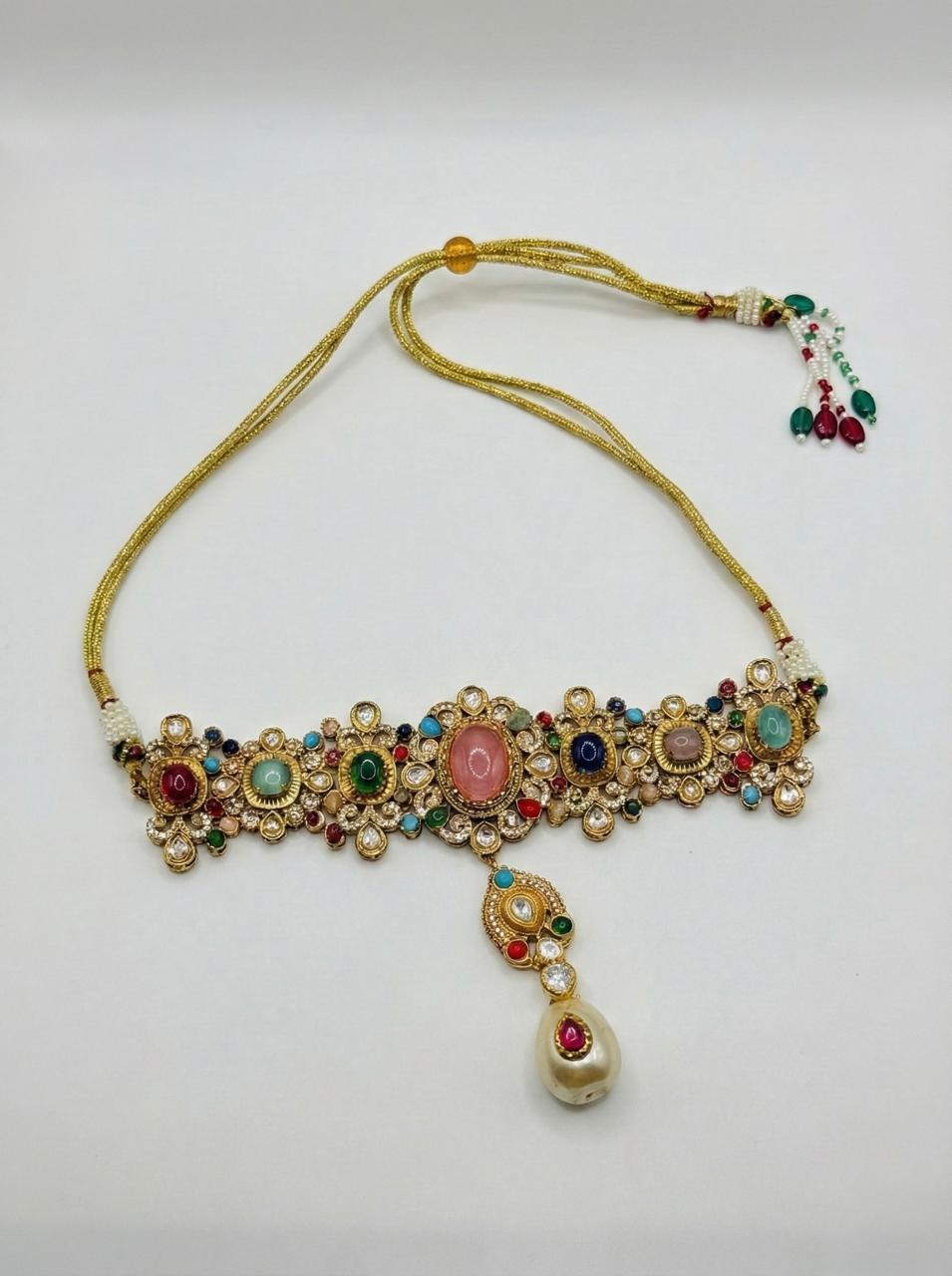 Navratan Polki Choker With Center Pendant