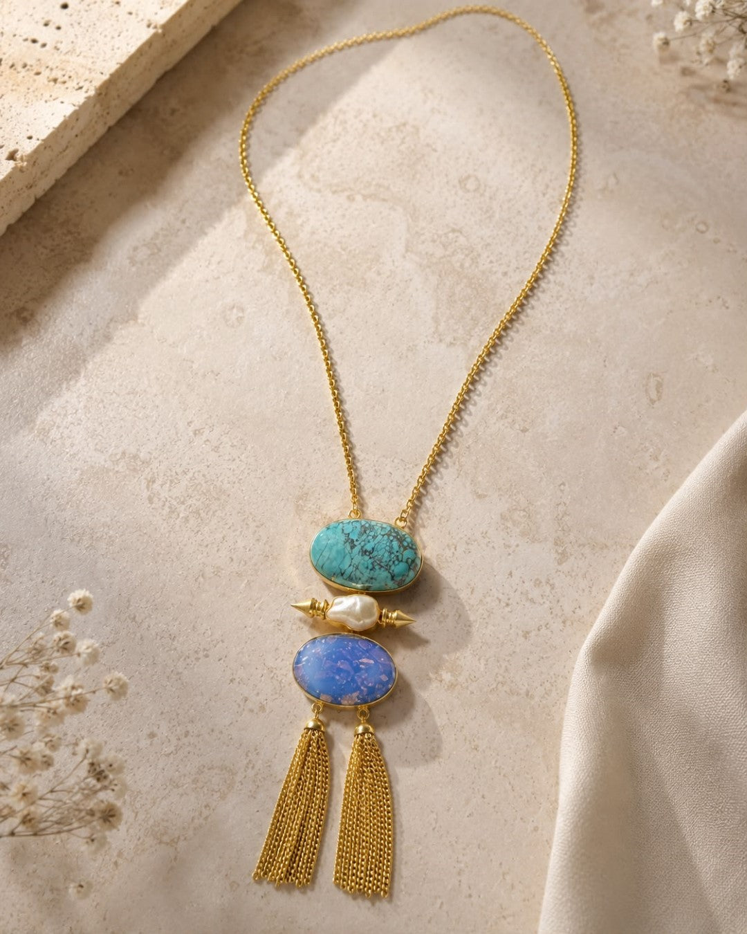 Bridalaya Turquoise Blue Stone Tassel Necklace