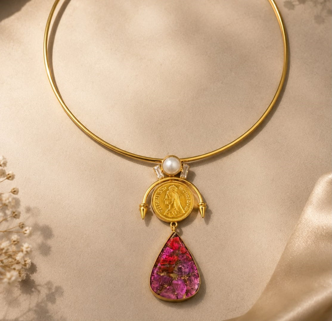 Bridalaya Coin Pink Stone Collar Necklace