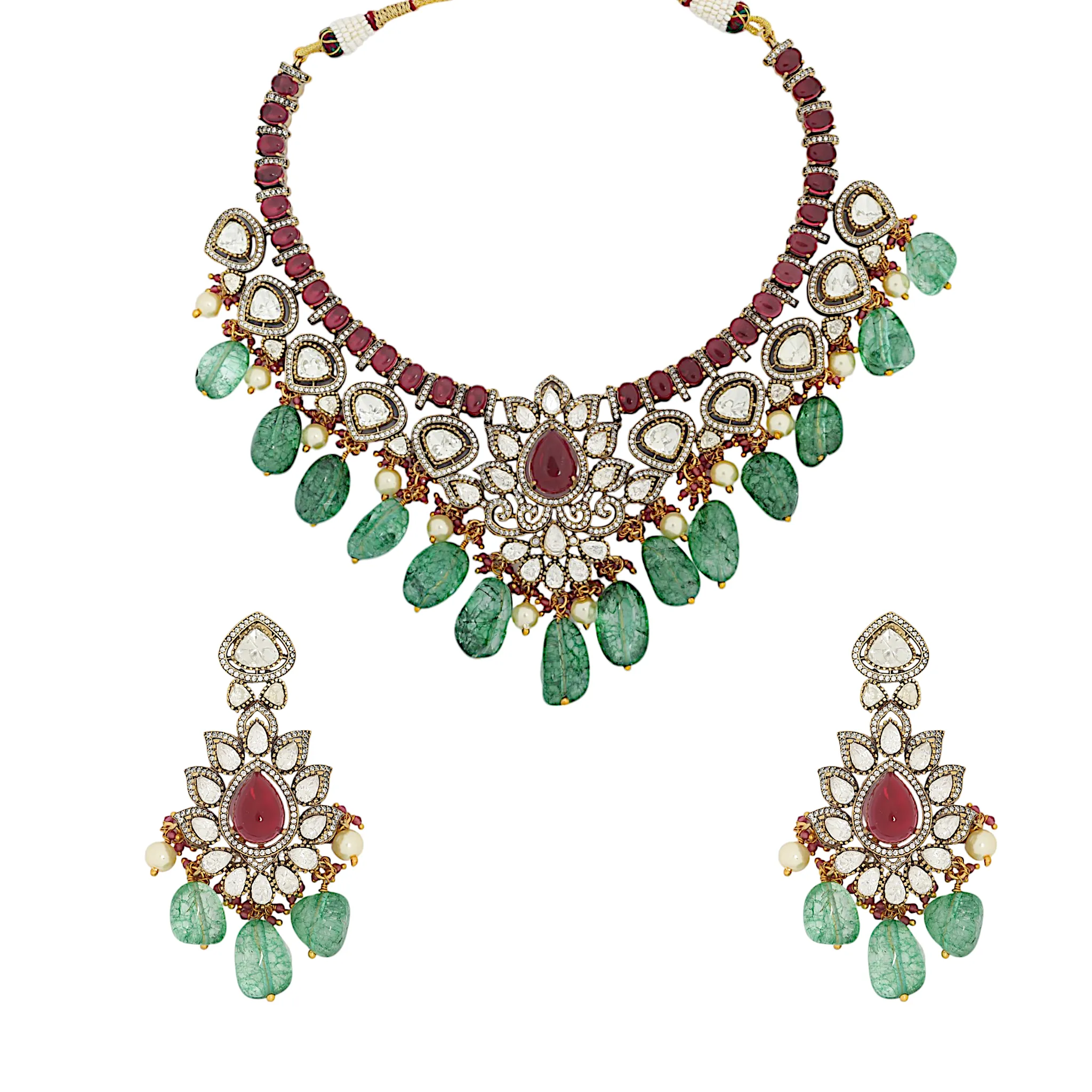 Ruby Emerald Bloom Necklace Set