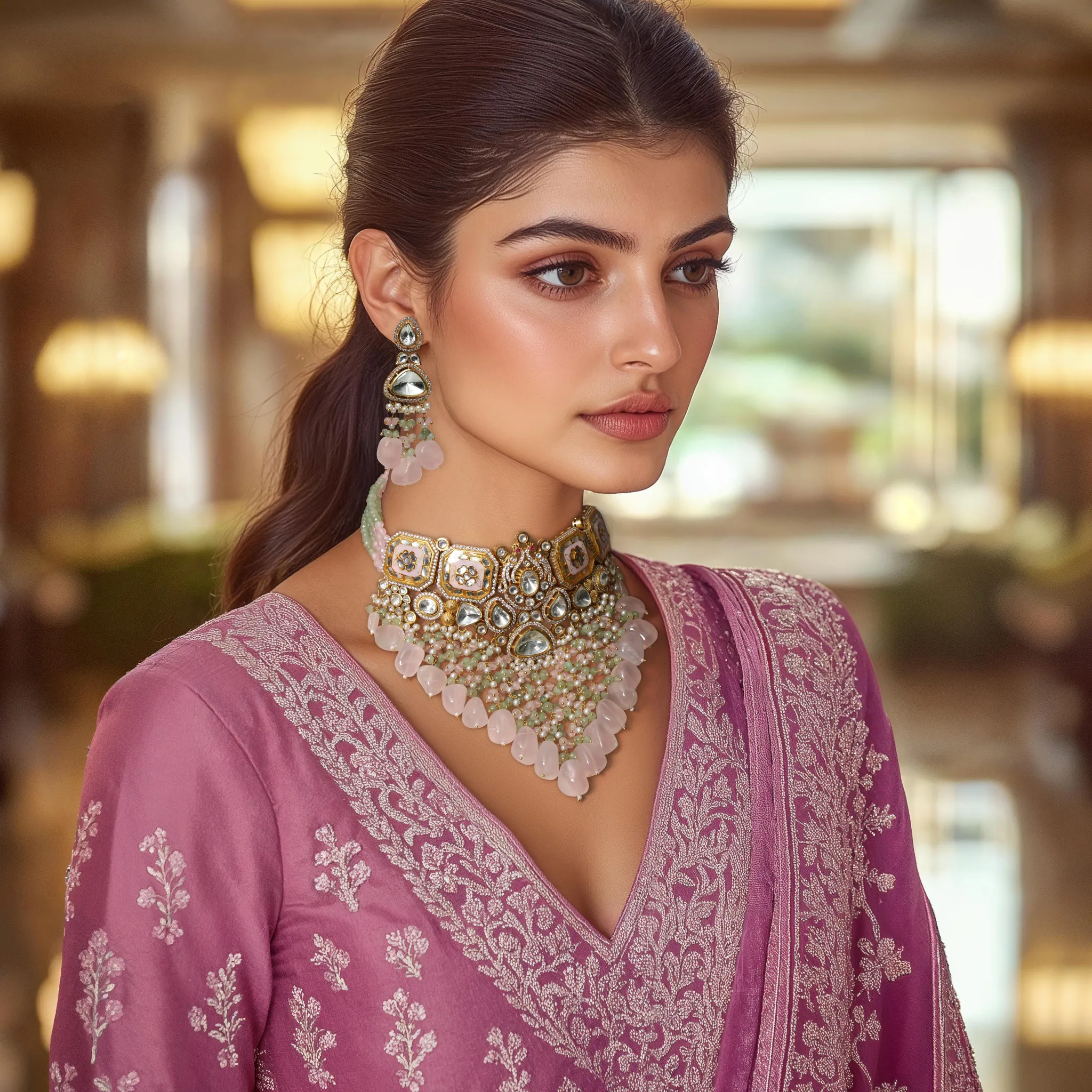 Pastel Kundan Beaded Necklace Set
