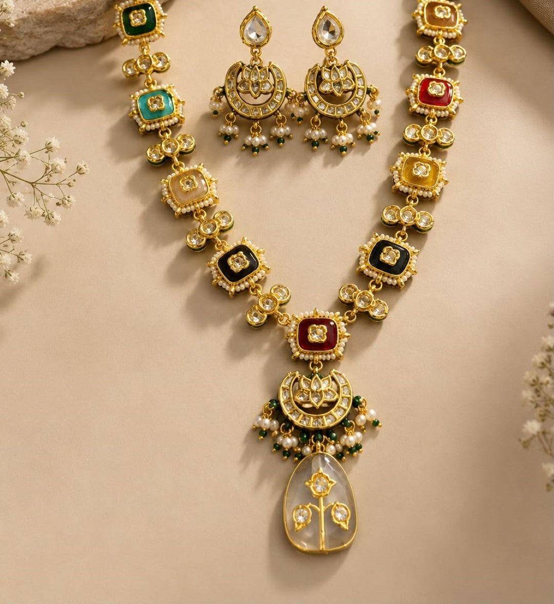 Bridalaya Multicolor Kundan Pendant Necklace Set