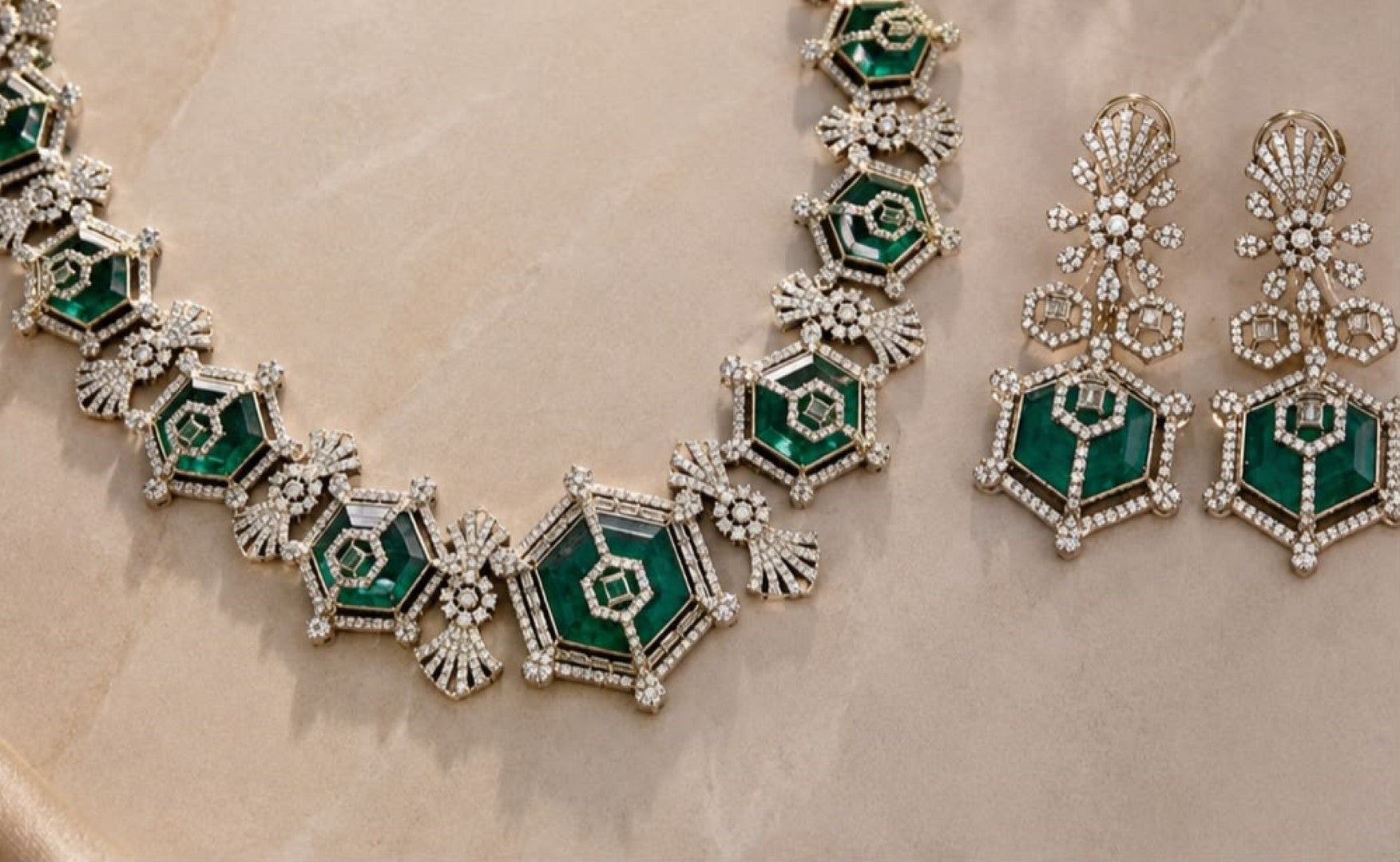 Bridalaya Emerald Geometric Crystal Necklace Set