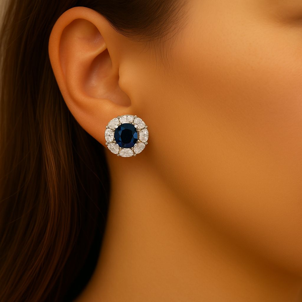 Royal Blue Oval Stud Earrings In 925 Silver