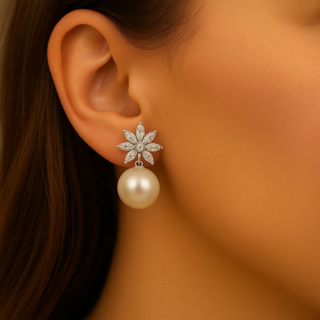 Floral Pearl Drop Earrings With Crystals In 925 Silver