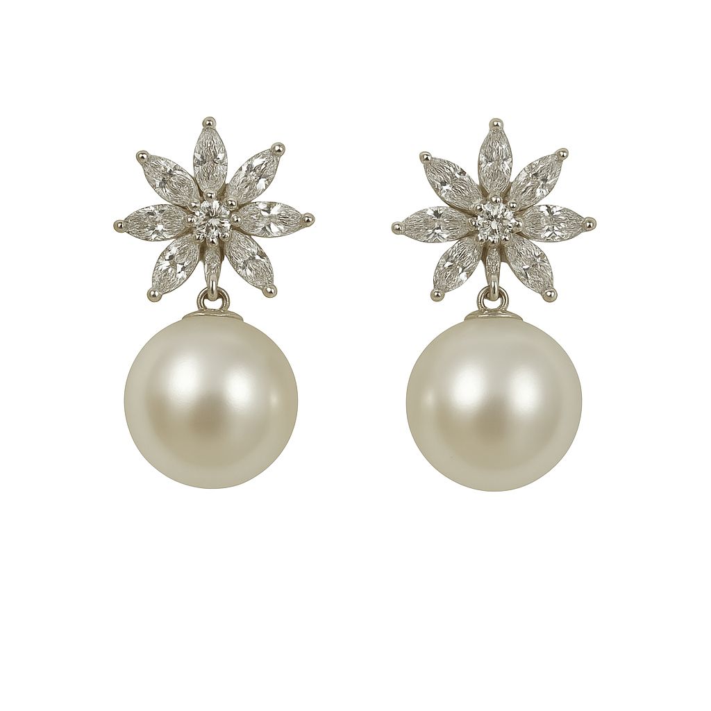 Floral Pearl Drop Earrings With Crystals In 925 Silver