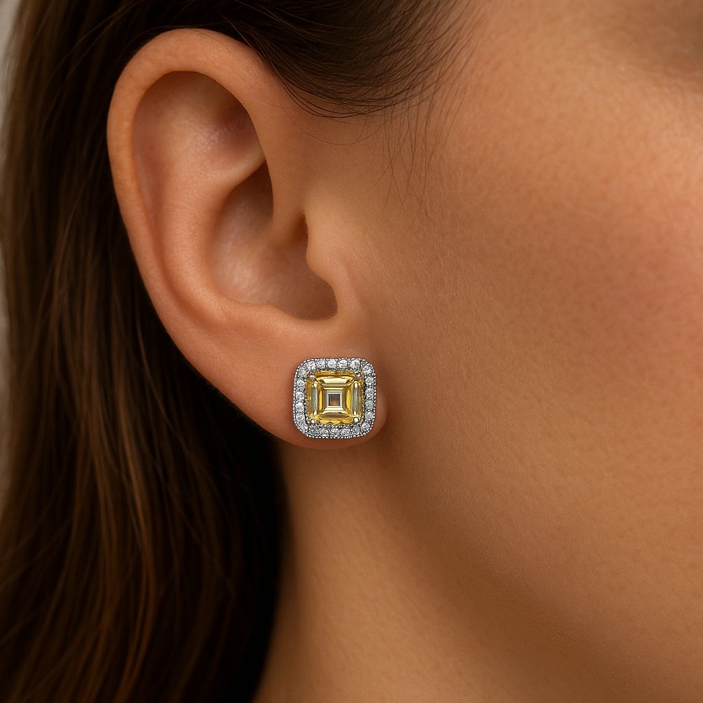 Yellow Cushion Cut Stud Earrings In 925 Silver