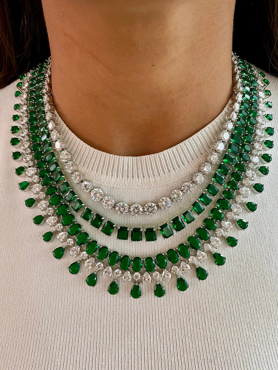2 Layer Diamond 2 Layer Emerald Setting Necklace Set