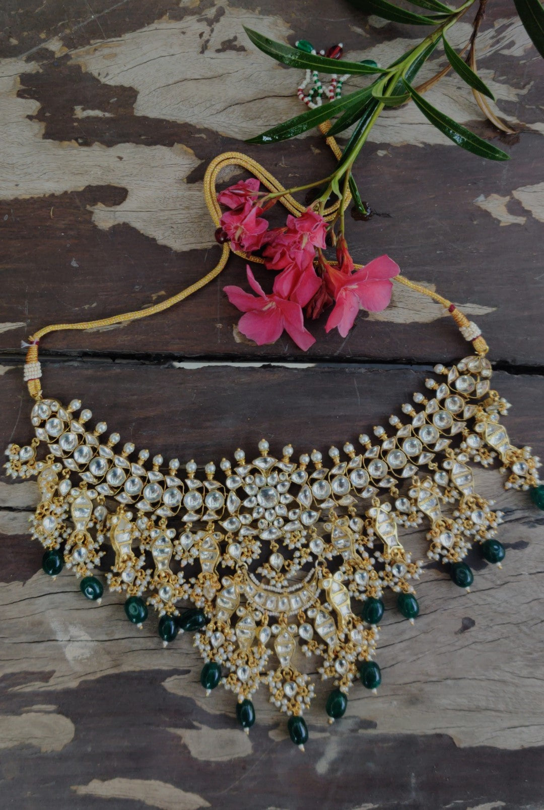 22Kt Gold Plated Green White Choker Necklace Set