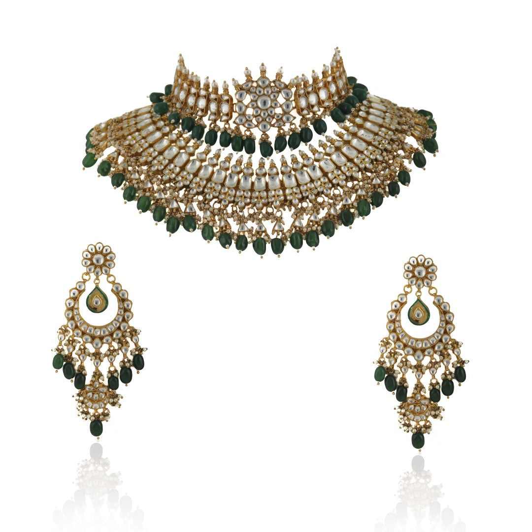 Bridal Wear Green And White Jadatar Double Layered Necklace With Earrings
