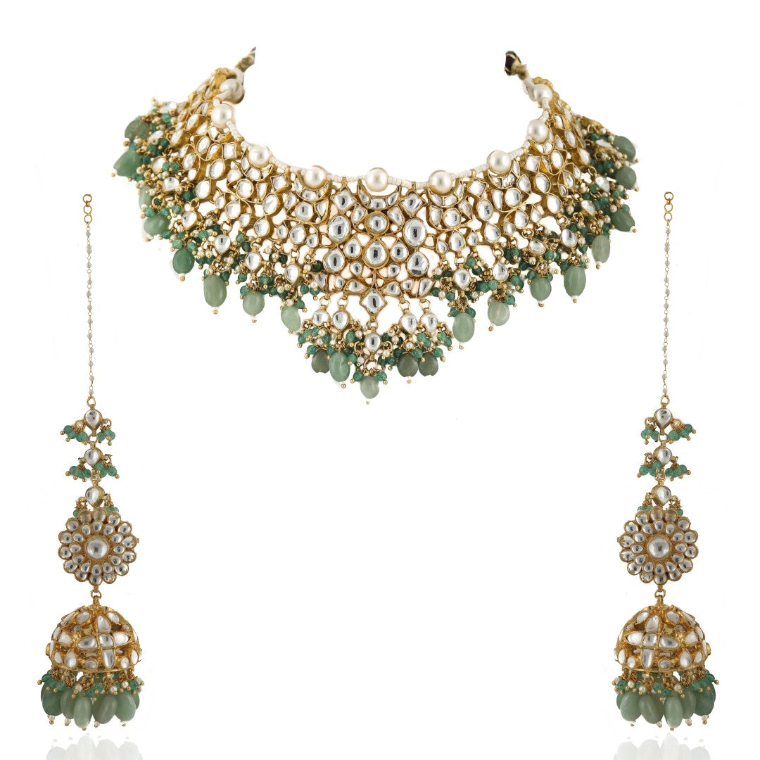 Sea Green Semi Precious Necklace Set With Jhumka