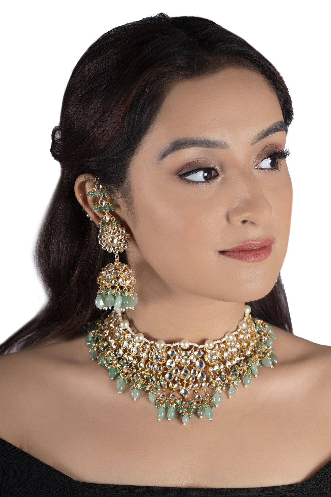 Sea Green Semi Precious Necklace Set With Jhumka