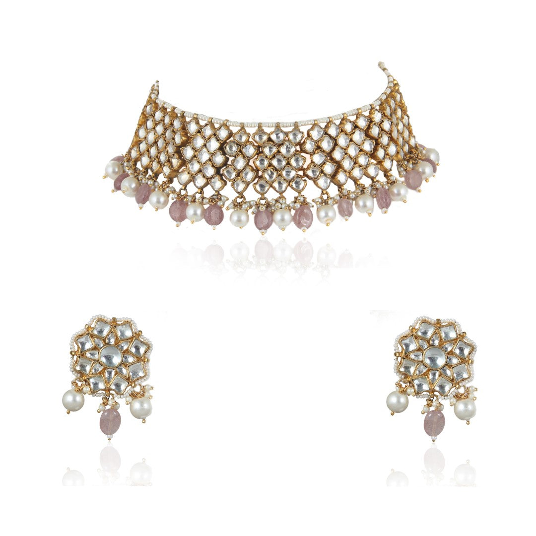 Pastel Pink & Pearl Gold Plated Choker Set