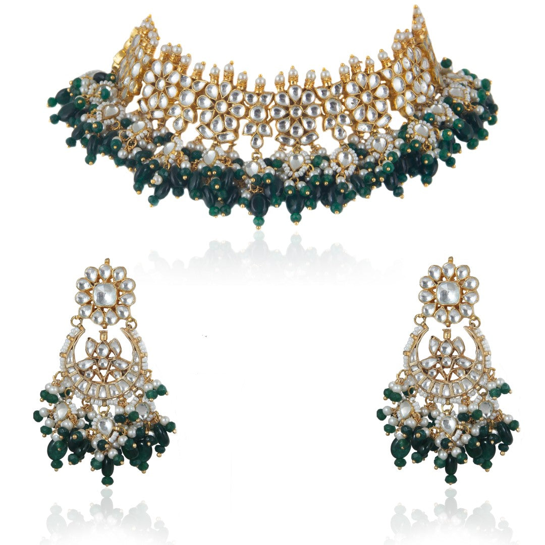 Floral Design Green Gold Plated Choker Set