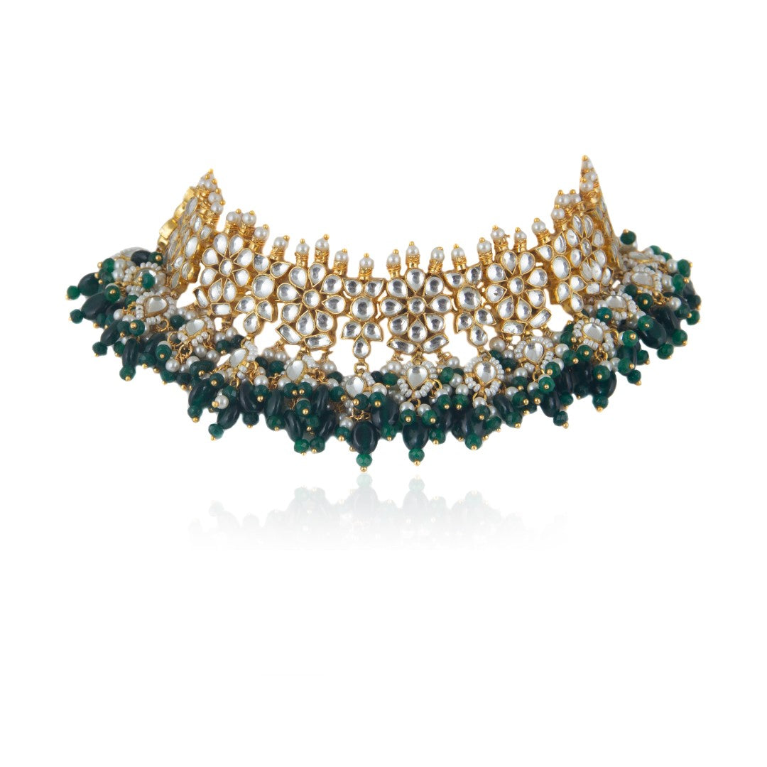 Floral Design Green Gold Plated Choker Set